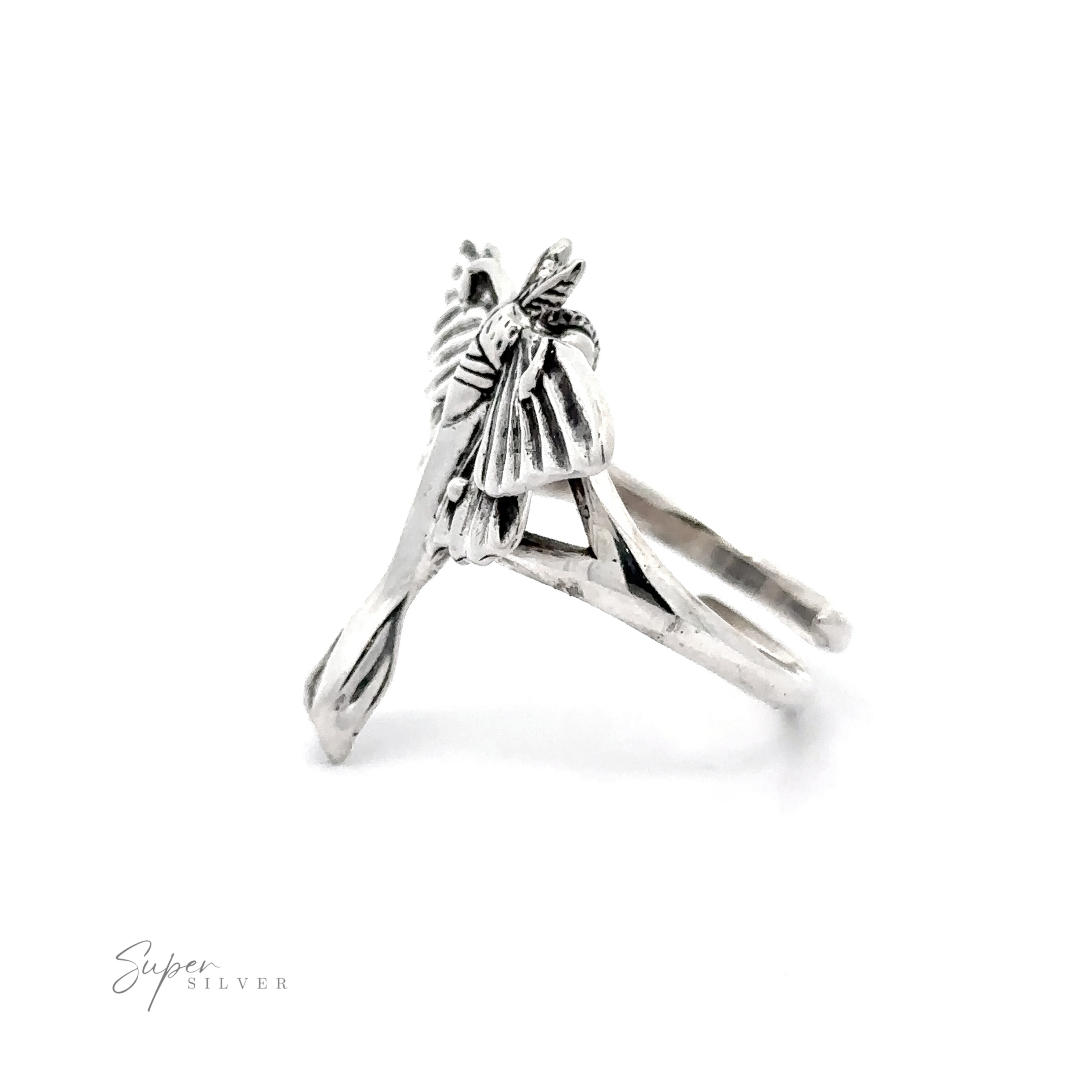Statement Lunar Moth Ring displayed on a white background with a clear "super silver" signature below.