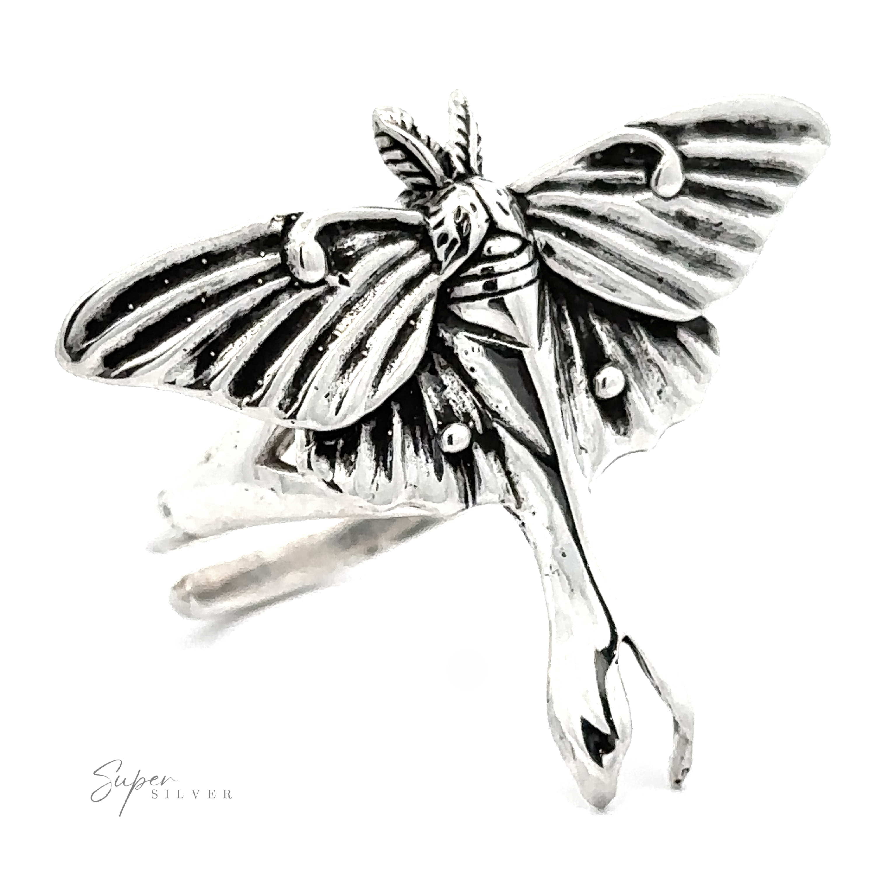 Statement Lunar Moth ring with detailed wing patterns and thin band, displayed on a plain white background with "super silver" inscription.