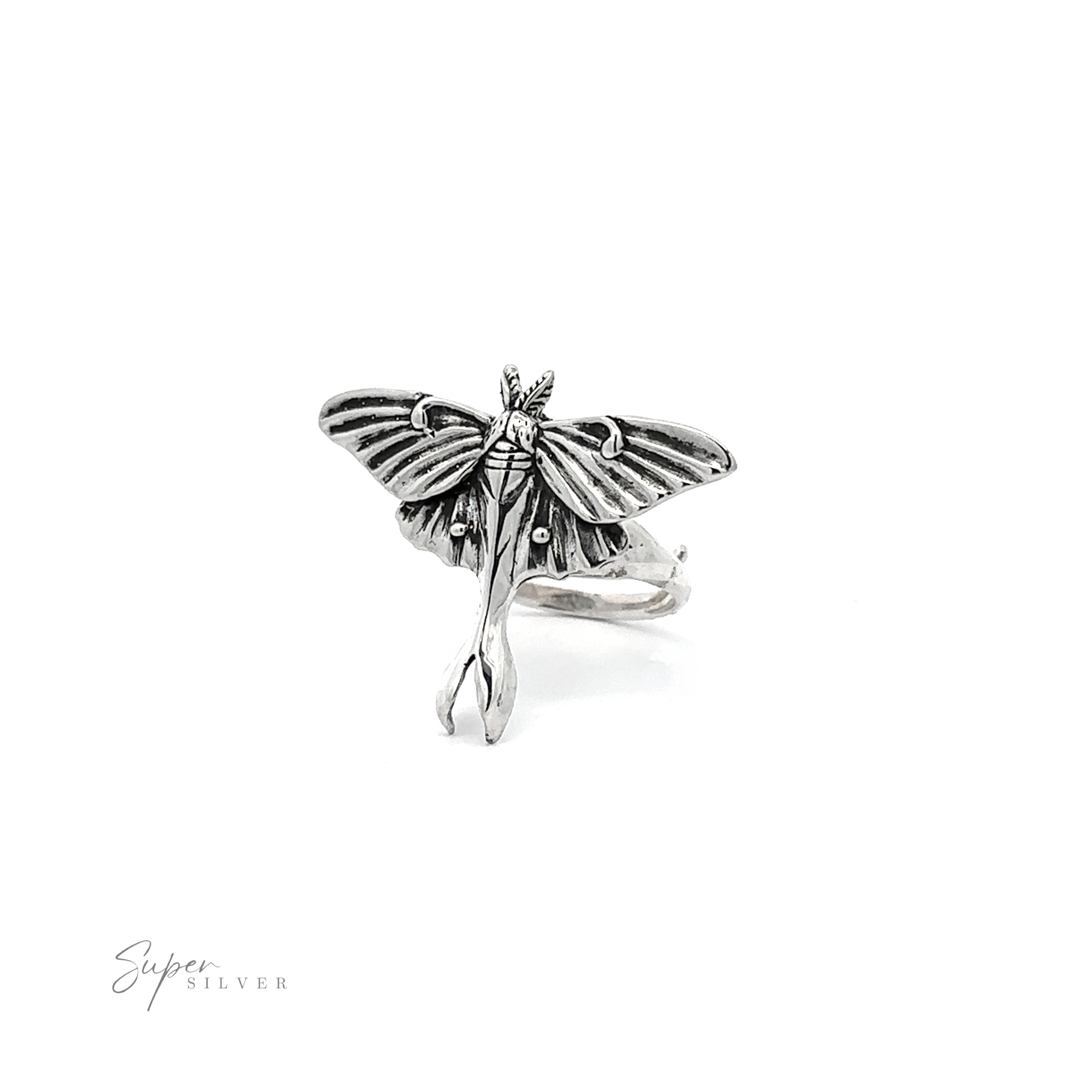 Statement Lunar Moth Ring designed to look like a lunar moth, displayed against a white background with a "super silver" signature in the corner.