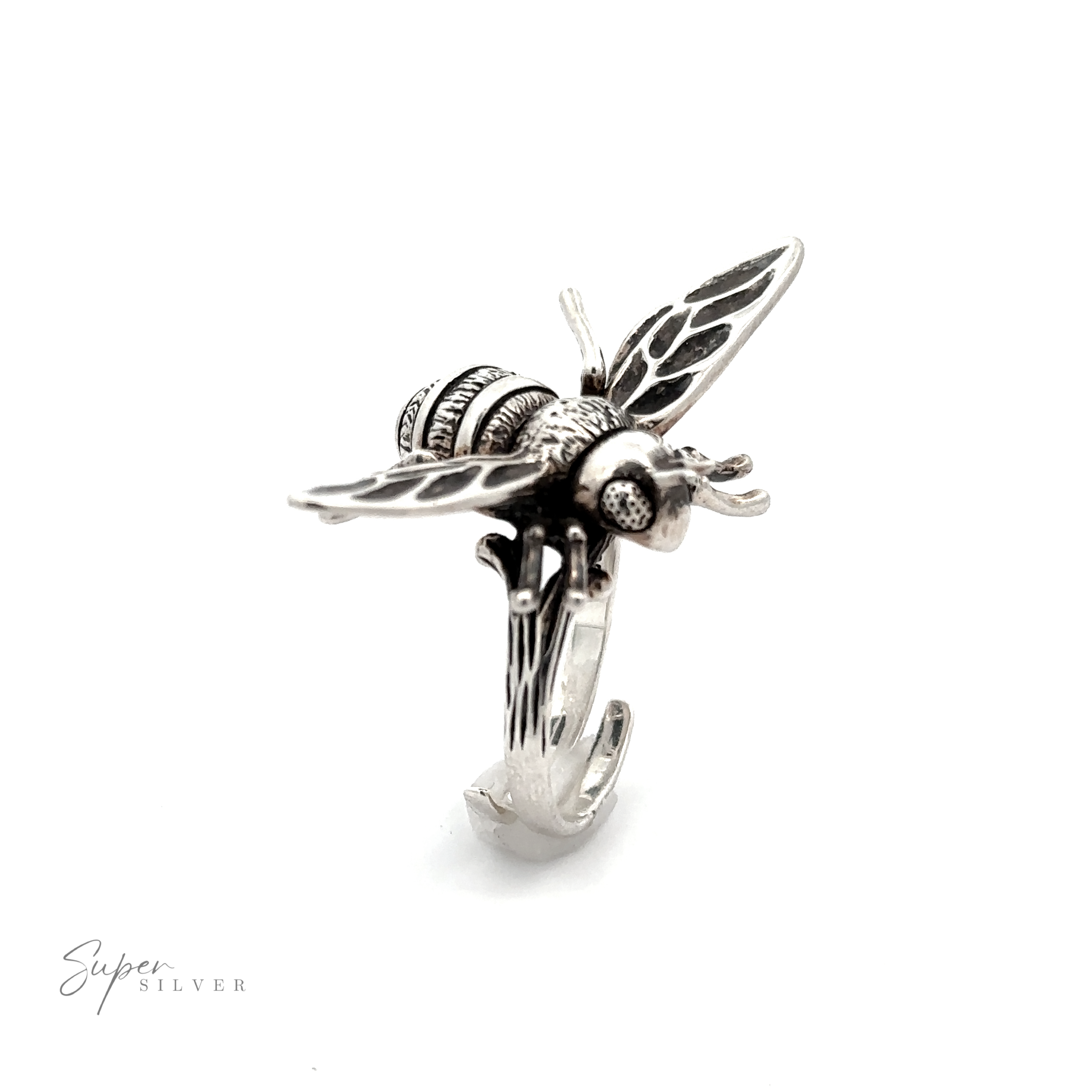 A detailed Large Bee Ring featuring a handcrafted honey bee with open wings on top. The adjustable size band ensures a perfect fit. The ring is shown on a white background, with "Super Silver" written in the bottom left corner.