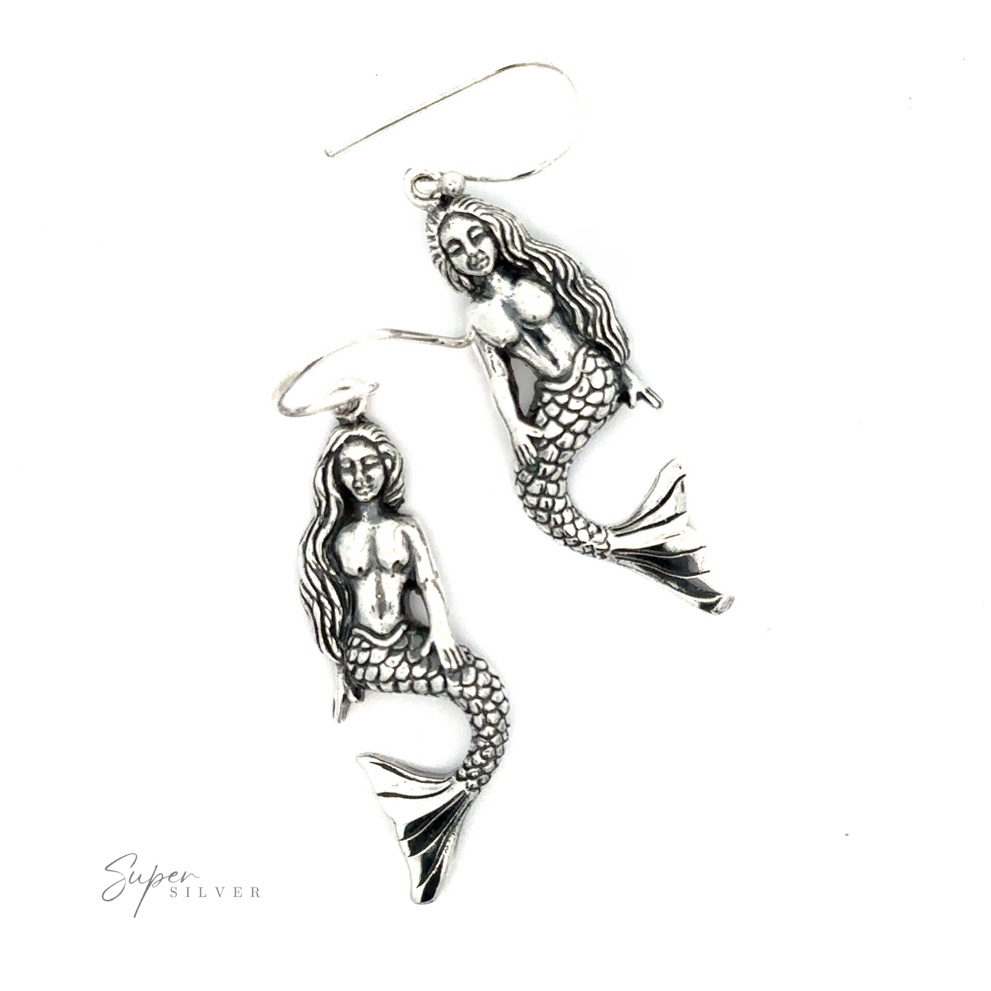 A pair of sterling silver Sitting Mermaid earrings with detailed design, displayed on a white background.
