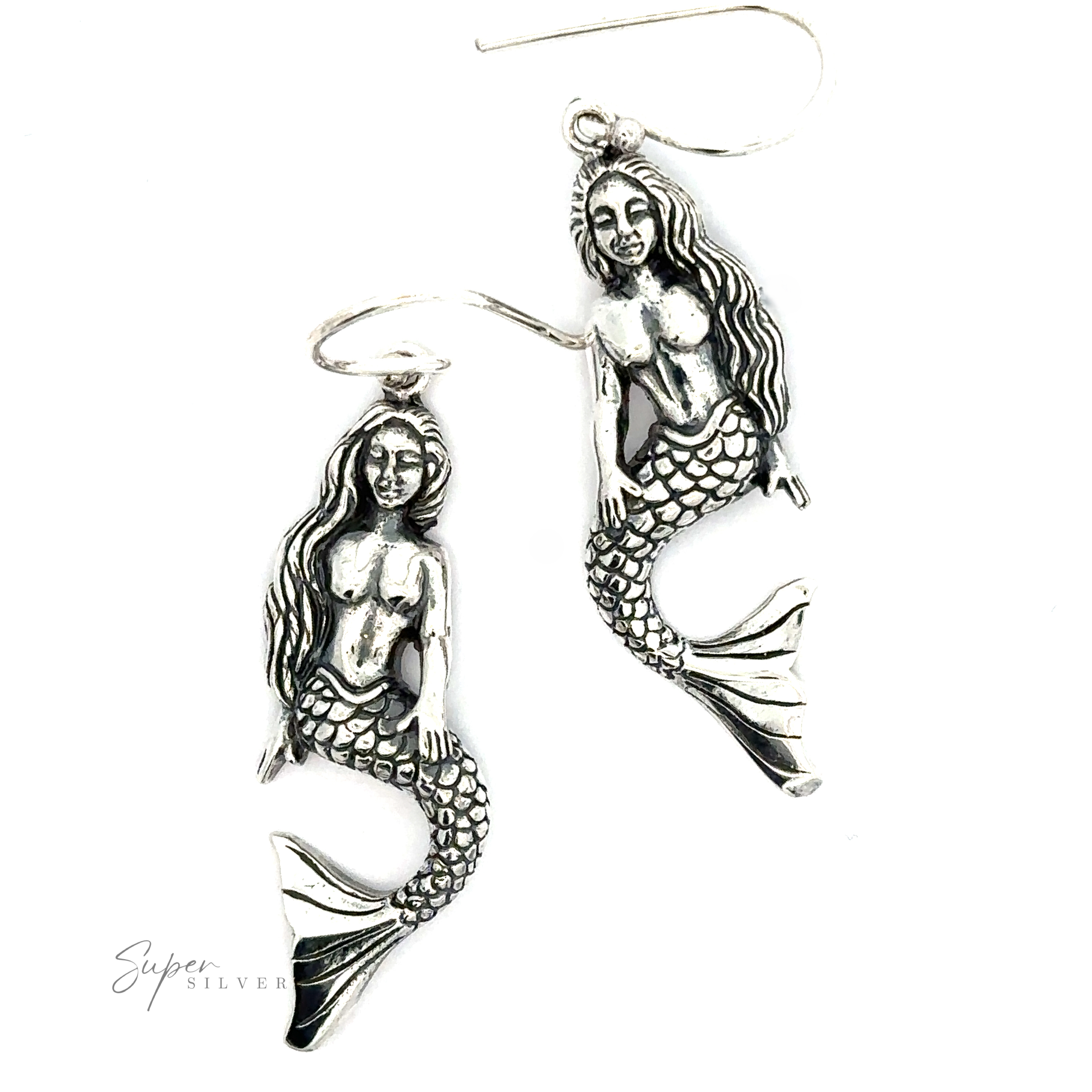 Sitting Mermaid Earrings with intricate details, displayed on a white background.
