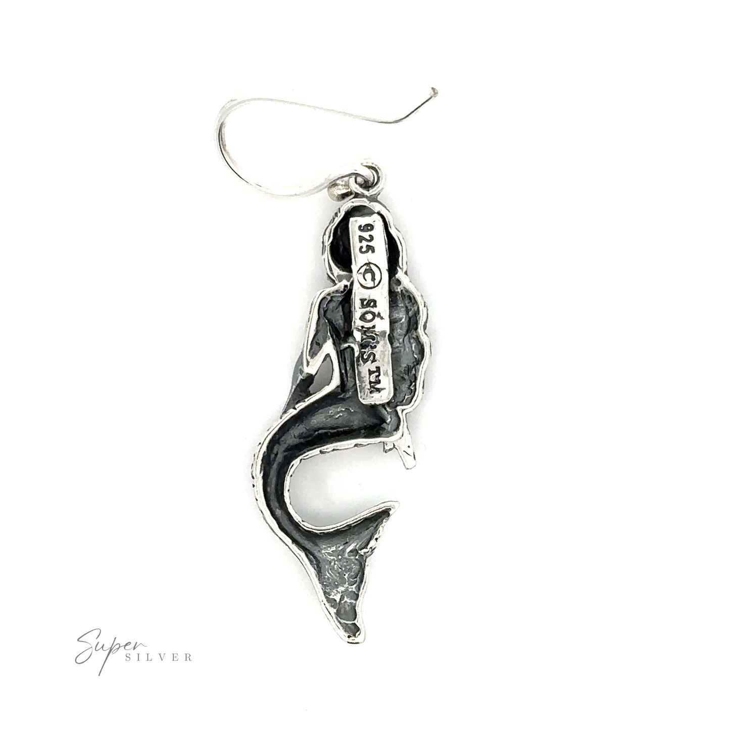 
                  
                    Sentence with product name: Sitting Mermaid Earrings with a detailed design, hanging from a fish hook and stamped with "925".
                  
                