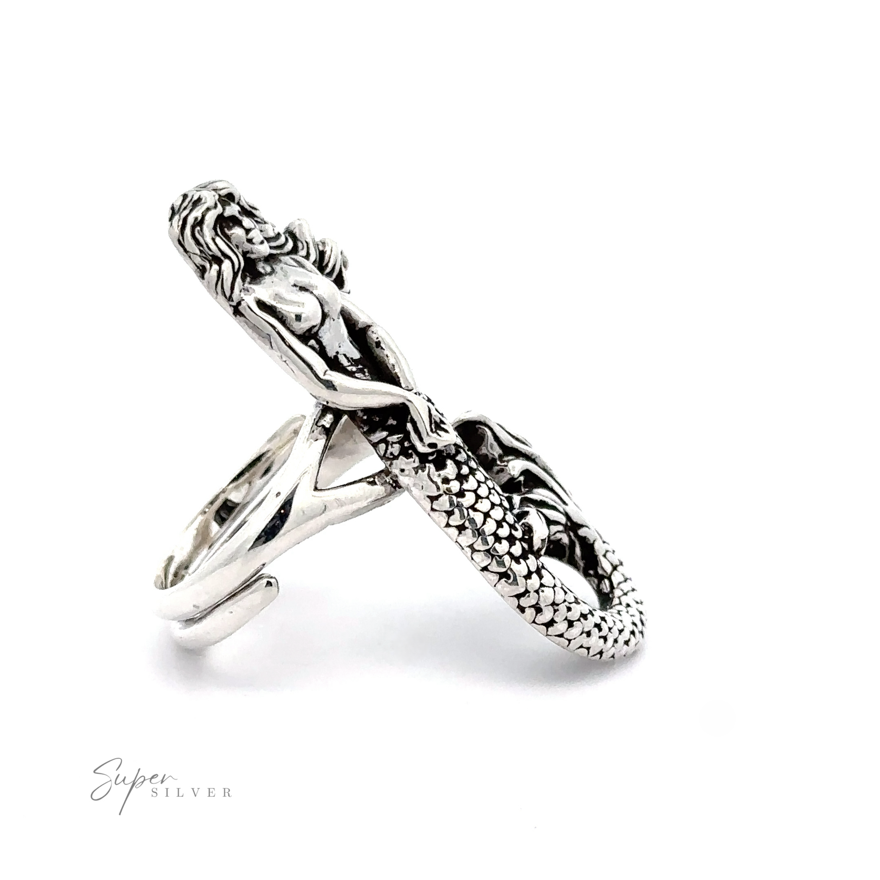 Statement Adjustable Mermaid Ring featuring a Large Mermaid design with detailed scales and flowing hair, showcased against a white background with a signature "super silver.