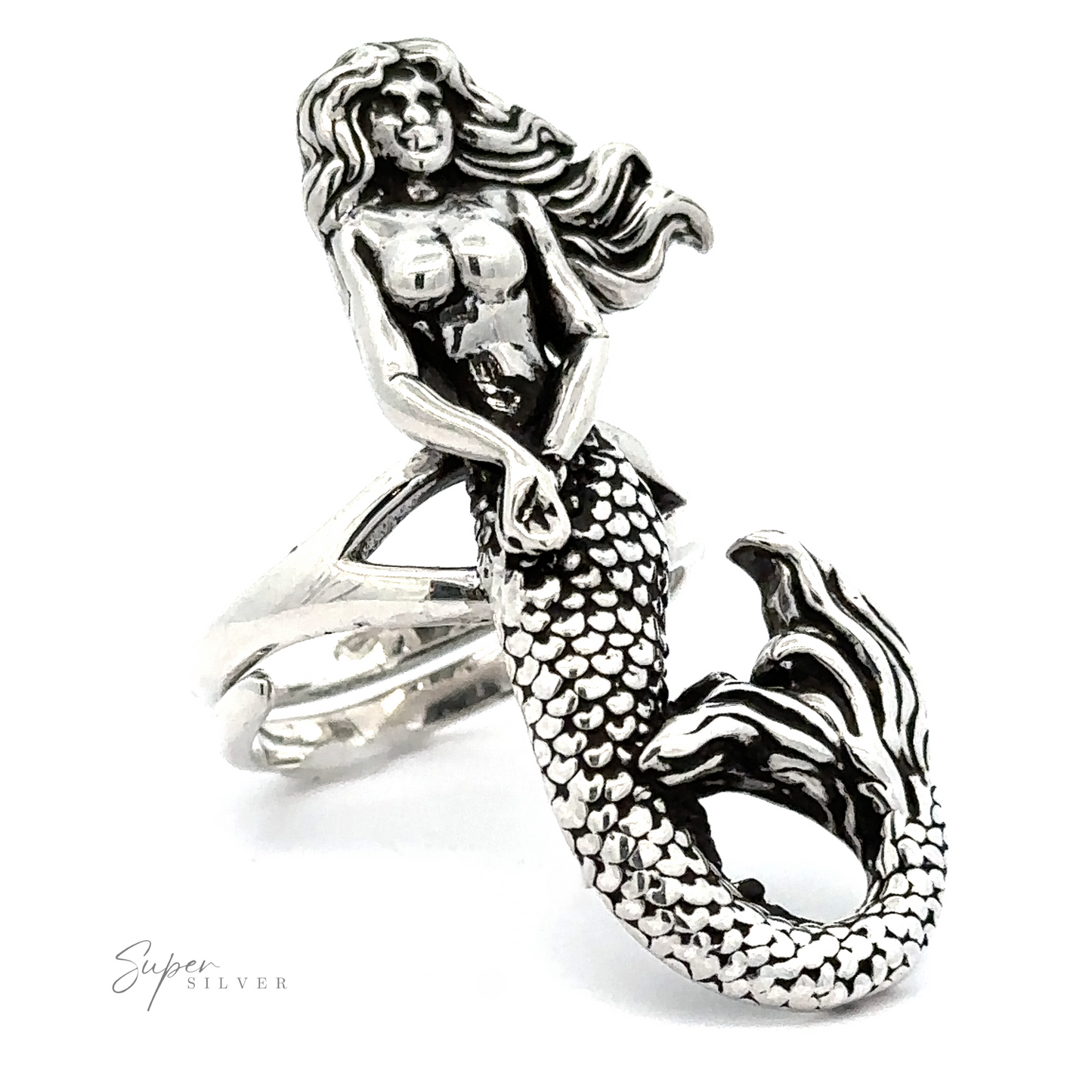 Statement Adjustable Mermaid Ring shaped like a mermaid with detailed scale and hair design, displayed against a white background with a signature at the bottom right. This piece is part of our artisan collections.