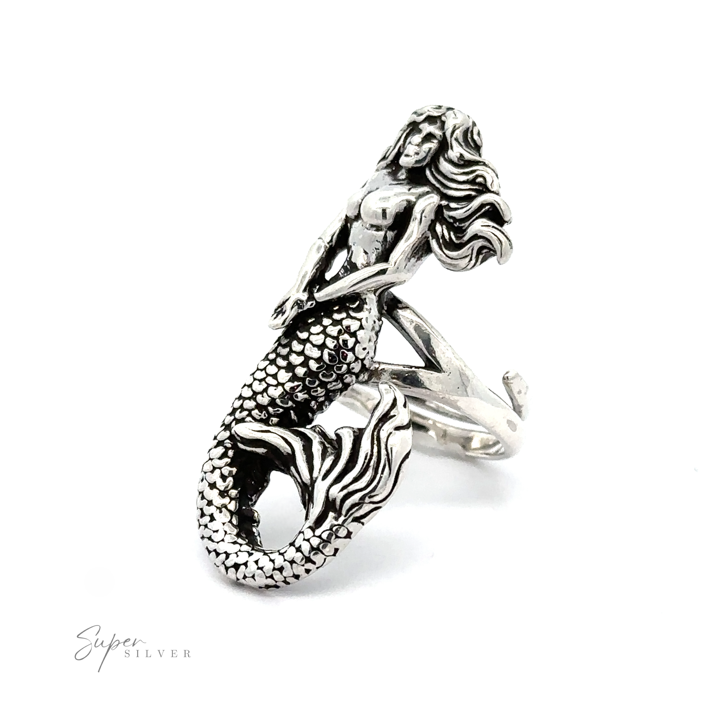 Statement Adjustable Mermaid Ring designed as a mythical sea dweller with detailed scales and flowing hair, displayed on a white background with a "super silver" signature.