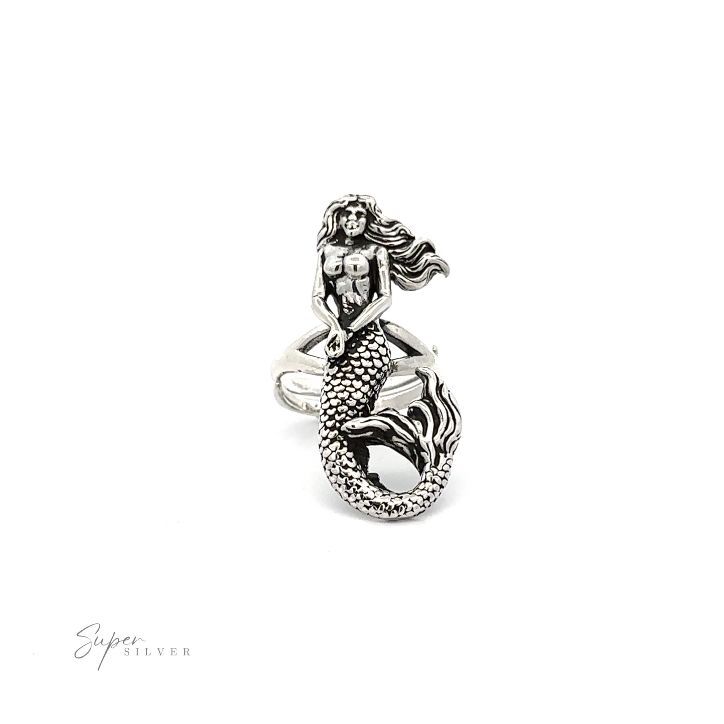Statement Adjustable Mermaid Ring with detailed design placed on a white background showcasing the torso and tail of the mermaid as the main focus.