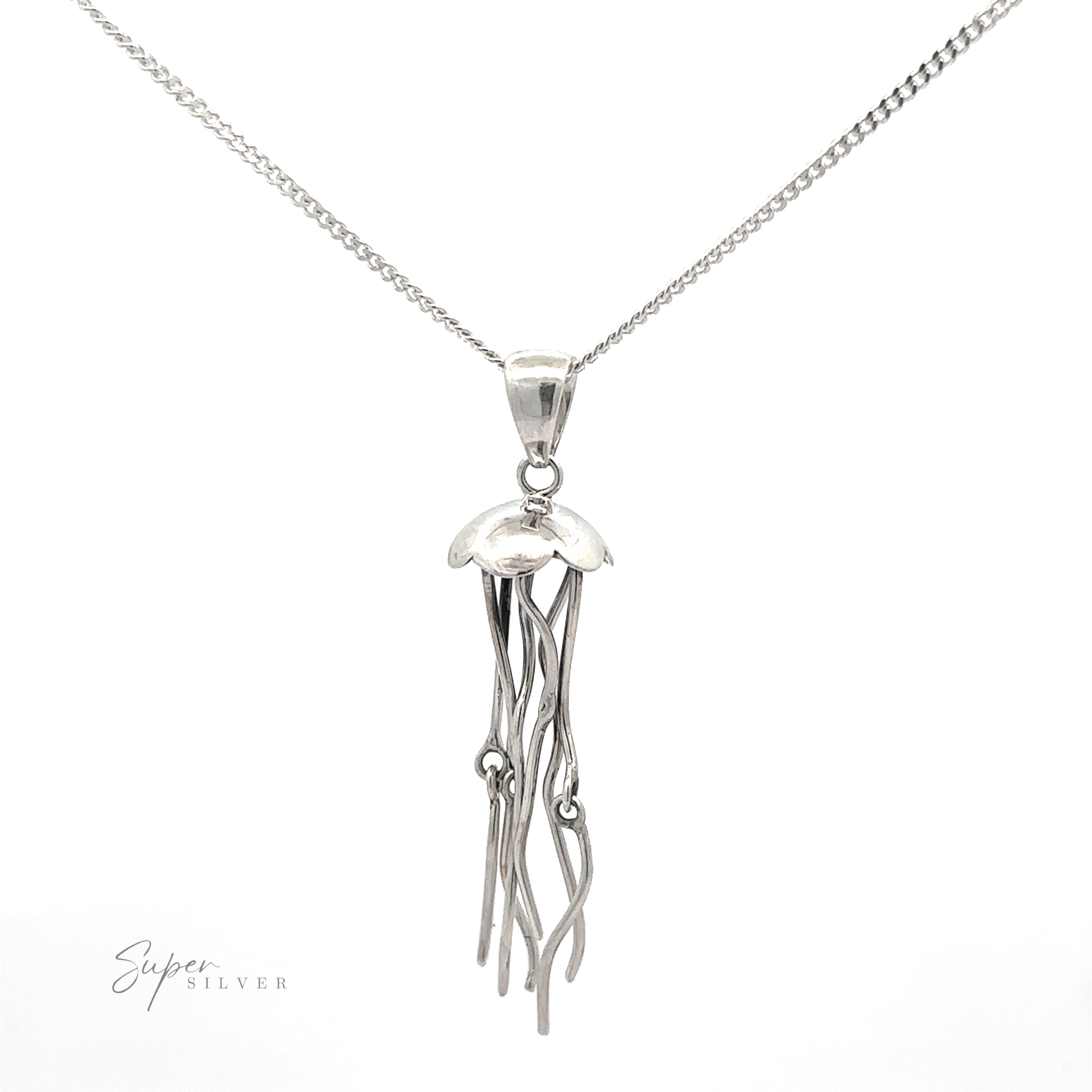 A silver necklace with a chain and a .925 Sterling Silver pendant resembling a Moving Tentacle Jellyfish Pendant, featuring flowing tentacle-like strands. The text "Super Silver" is inscribed in the bottom-left corner. Part of our exclusive Artisan Collections.