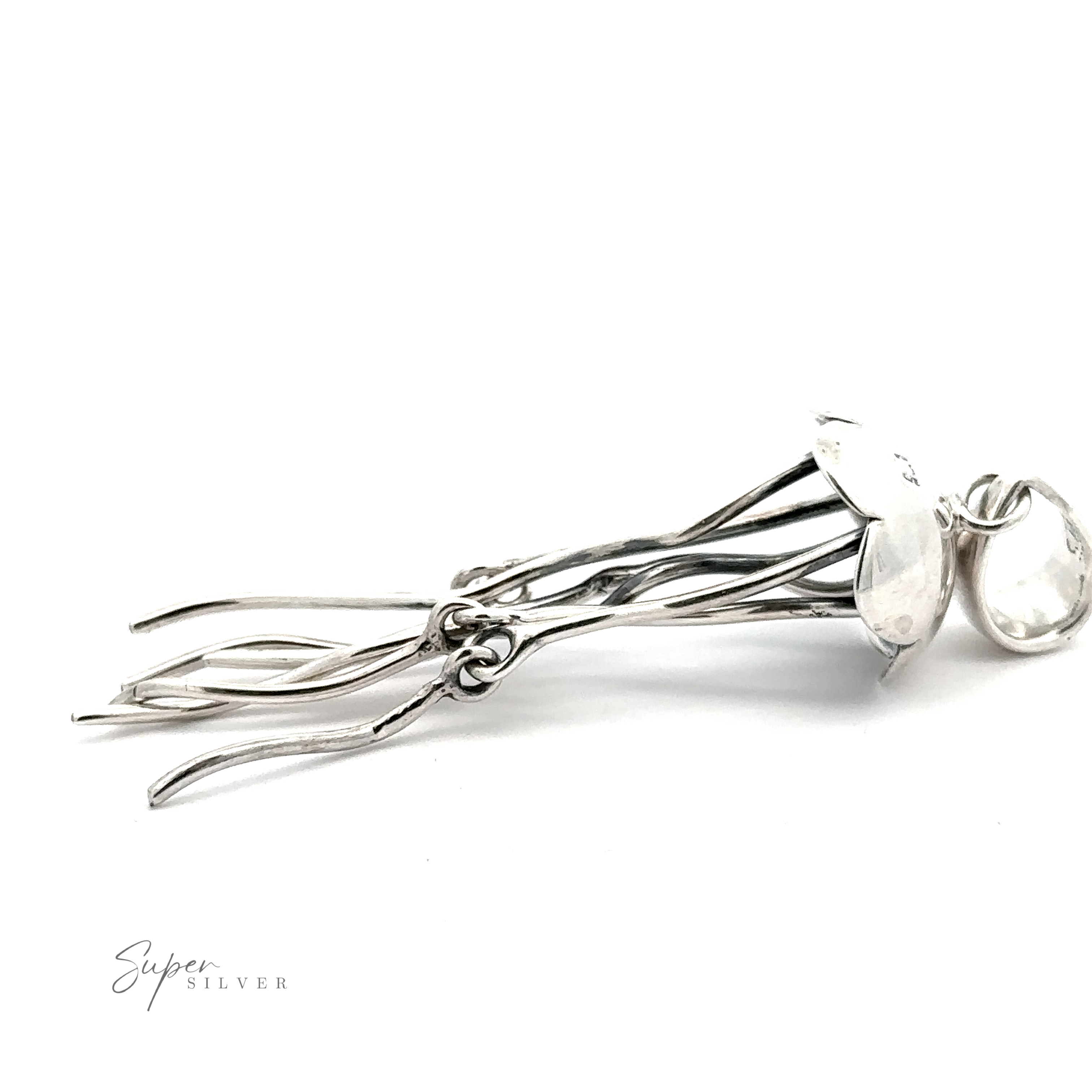 Pair of silver dangle earrings with elongated, wire-like elements and shell-shaped accents, resembling Moving Tentacle Jellyfish Pendants. Crafted from .925 Sterling Silver and part of the Artisan Collections. The brand's name, "Super Silver," appears in the bottom left corner. White background.