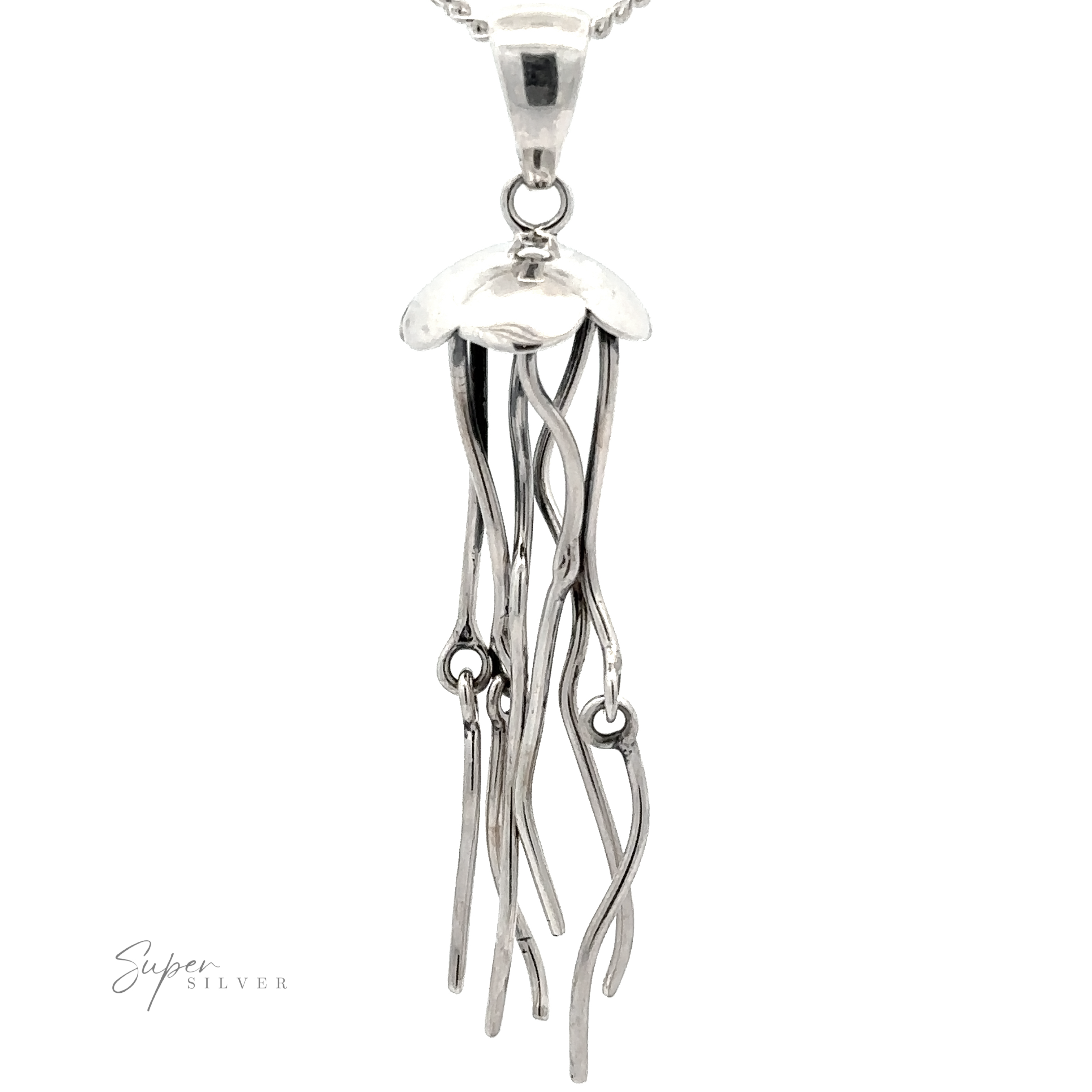 A silver necklace pendant designed to resemble a jellyfish, with a round top and long, wavy tendrils hanging down, part of our exclusive Artisan Collections. Crafted from .925 sterling silver, this Moving Tentacle Jellyfish Pendant captures the ocean's delicate beauty.