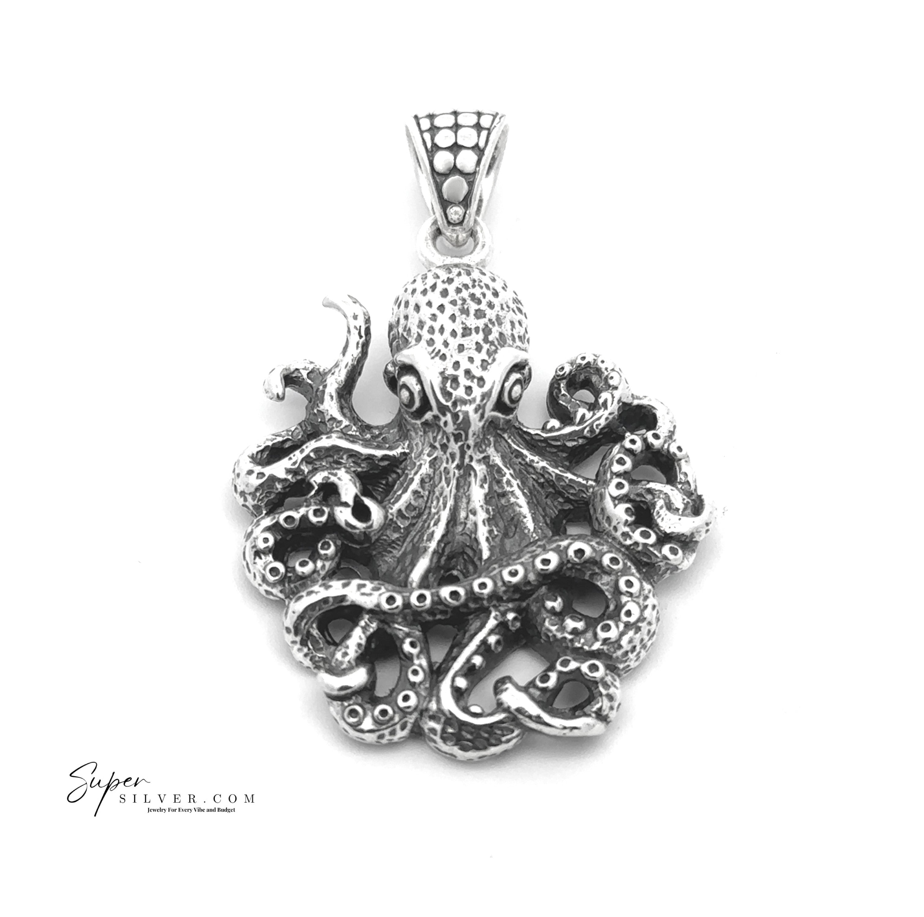 The Legends of the Deep Octopus Pendant is a sterling silver necklace with textured tentacles, beautifully photographed on a white background.