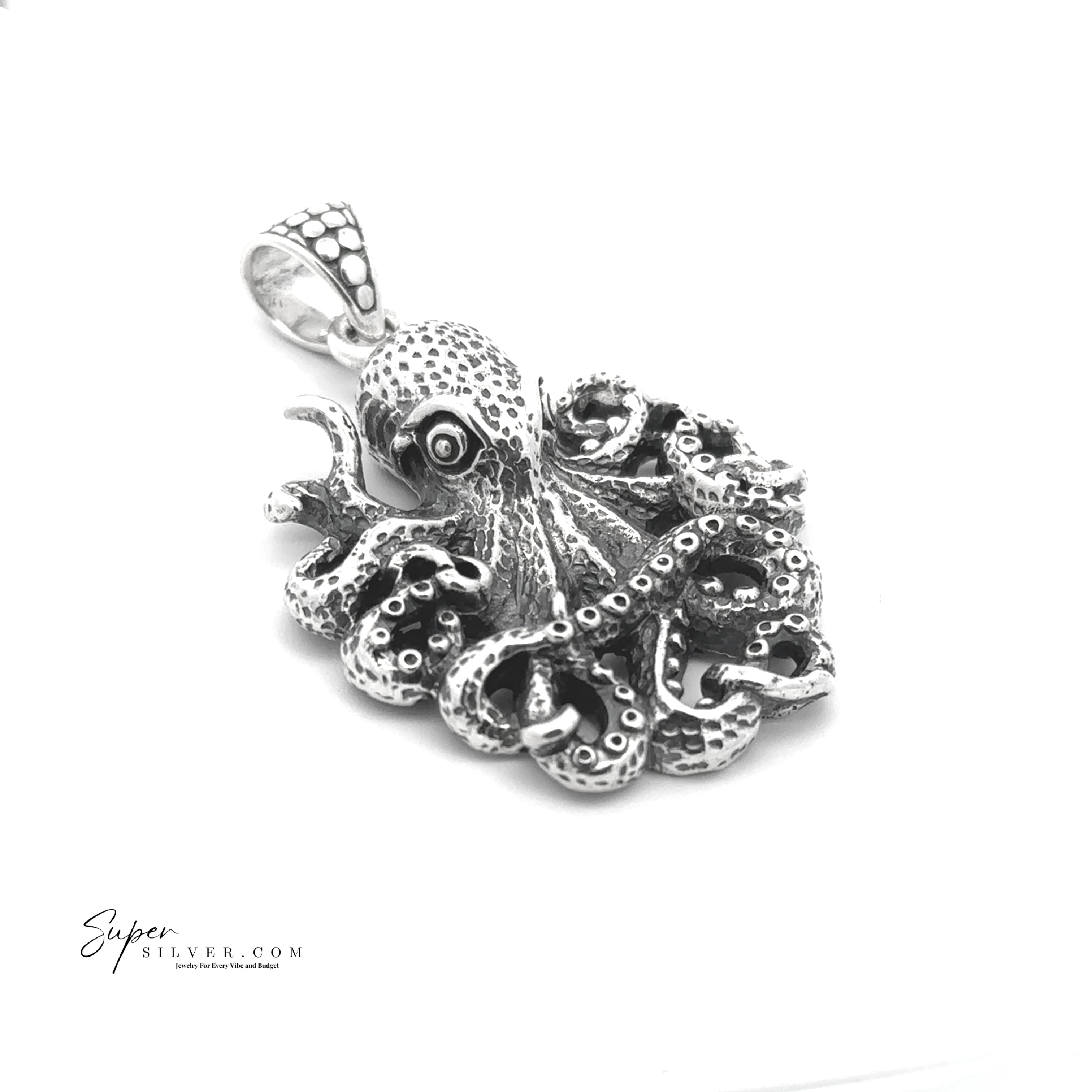 The Legends of the Deep Octopus Pendant, featuring textured tentacles and crafted in sterling silver, is displayed on a white background with "Super Silver" branding visible in the lower left corner.