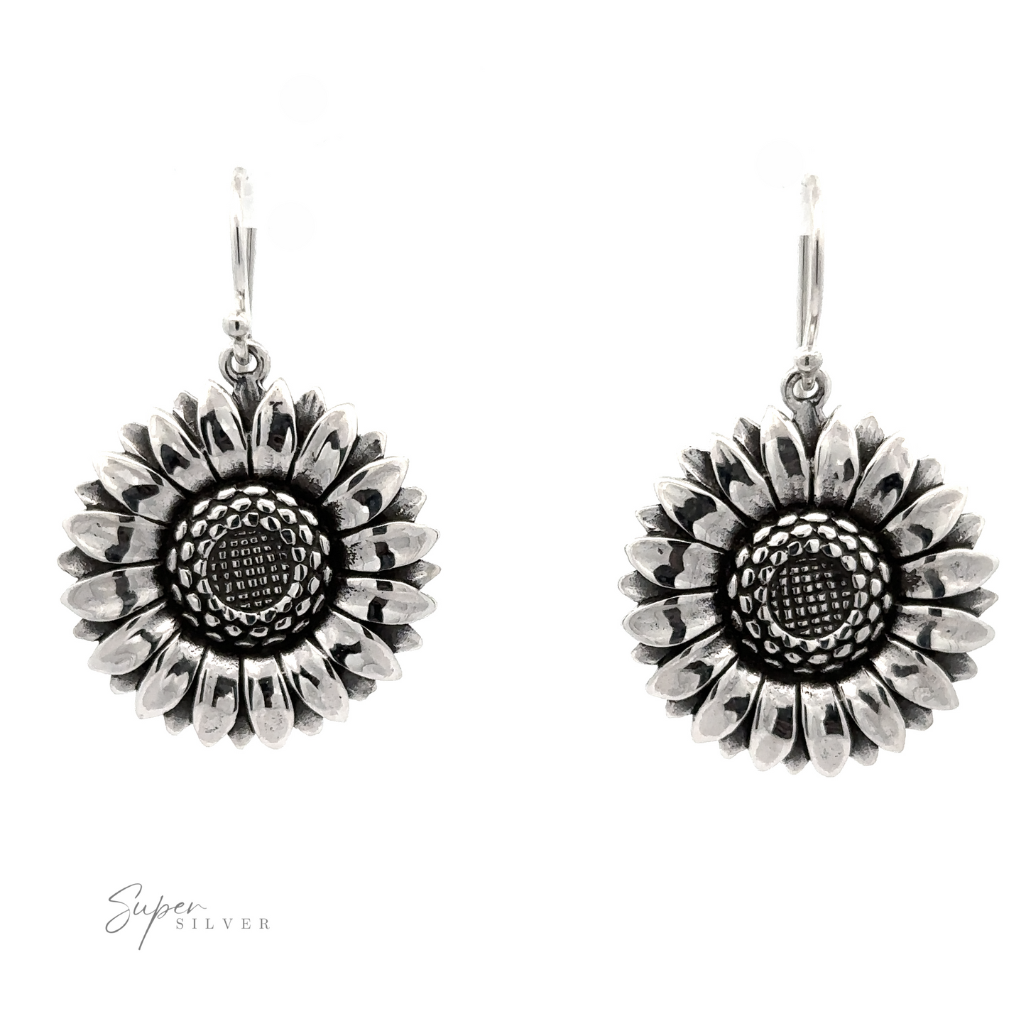 
                  
                    A pair of Silver Sunflower Earrings with detailed petal and center textures, displayed against a white background.
                  
                