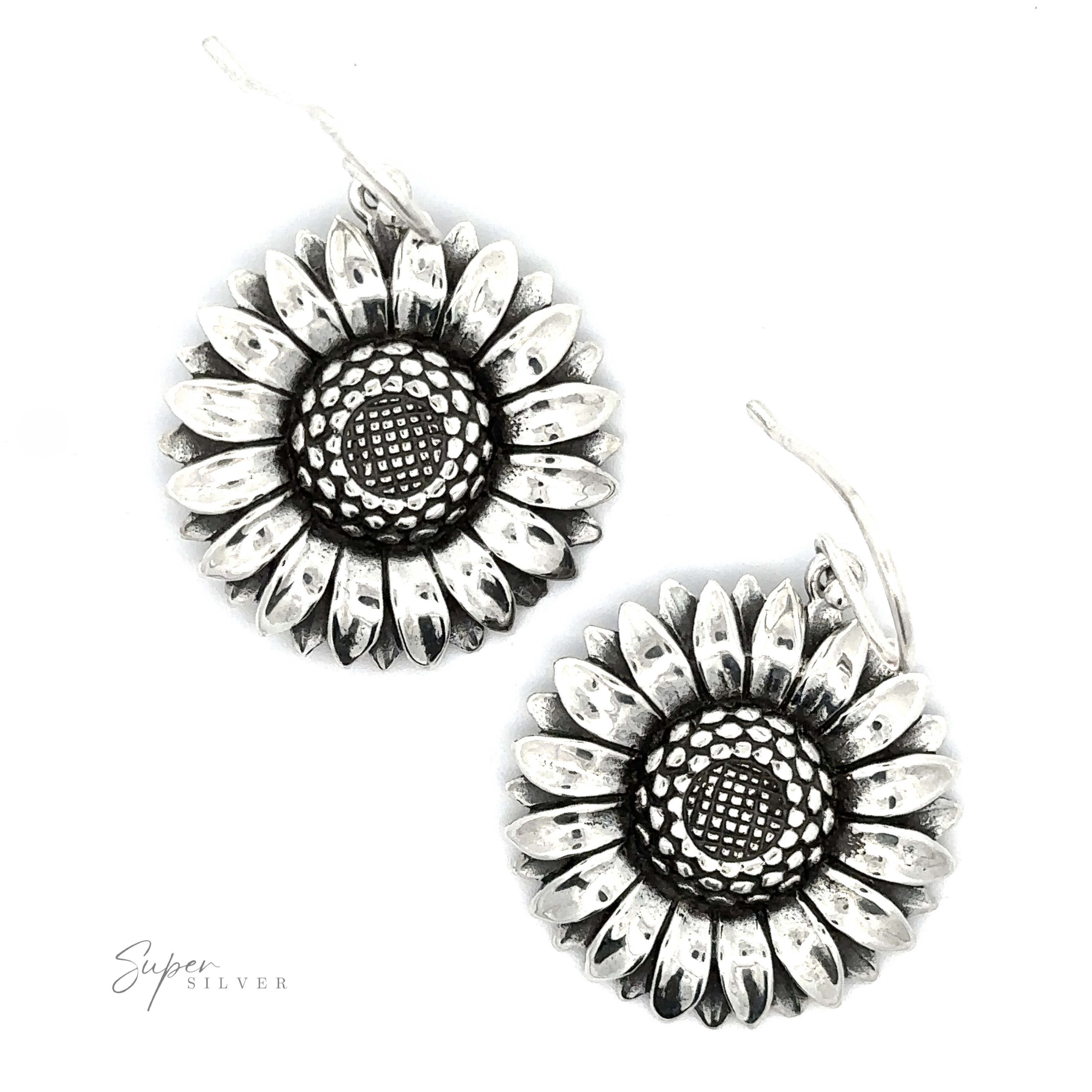 Pair of Silver Sunflower Earrings with detailed petal and center textures, displayed against a white background.
