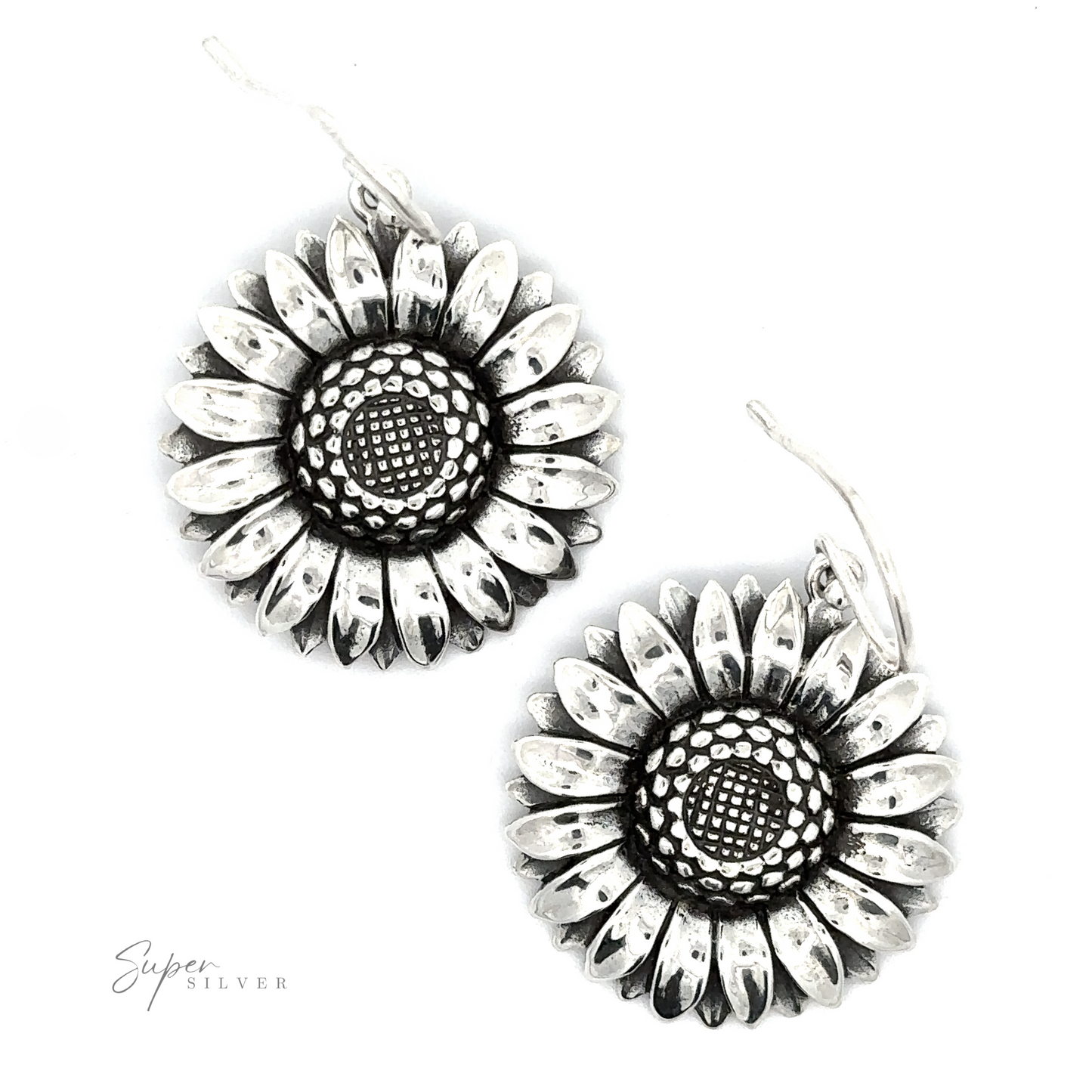 
                  
                    Pair of Silver Sunflower Earrings with detailed petal and center textures, displayed against a white background.
                  
                