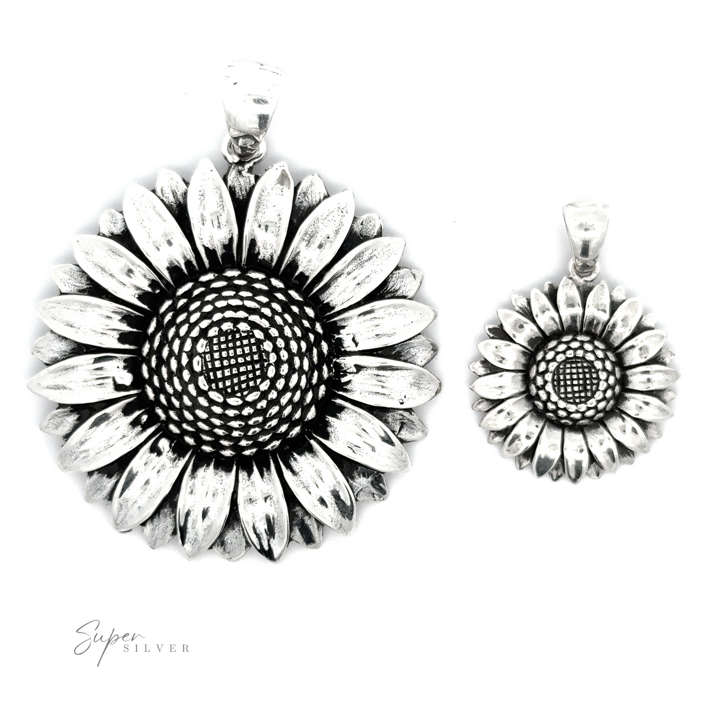 Two Silver Sunflower Pendants of different sizes, featuring intricate petal and center detailing with an oxidized finish, displayed against a white background.