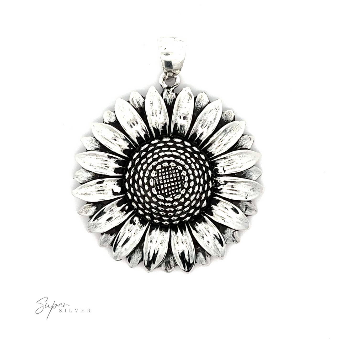 
                  
                    Silver Sunflower Pendants with an oxidized finish, featuring textured petals and a detailed center, displayed on a white background with a signature in the corner.
                  
                