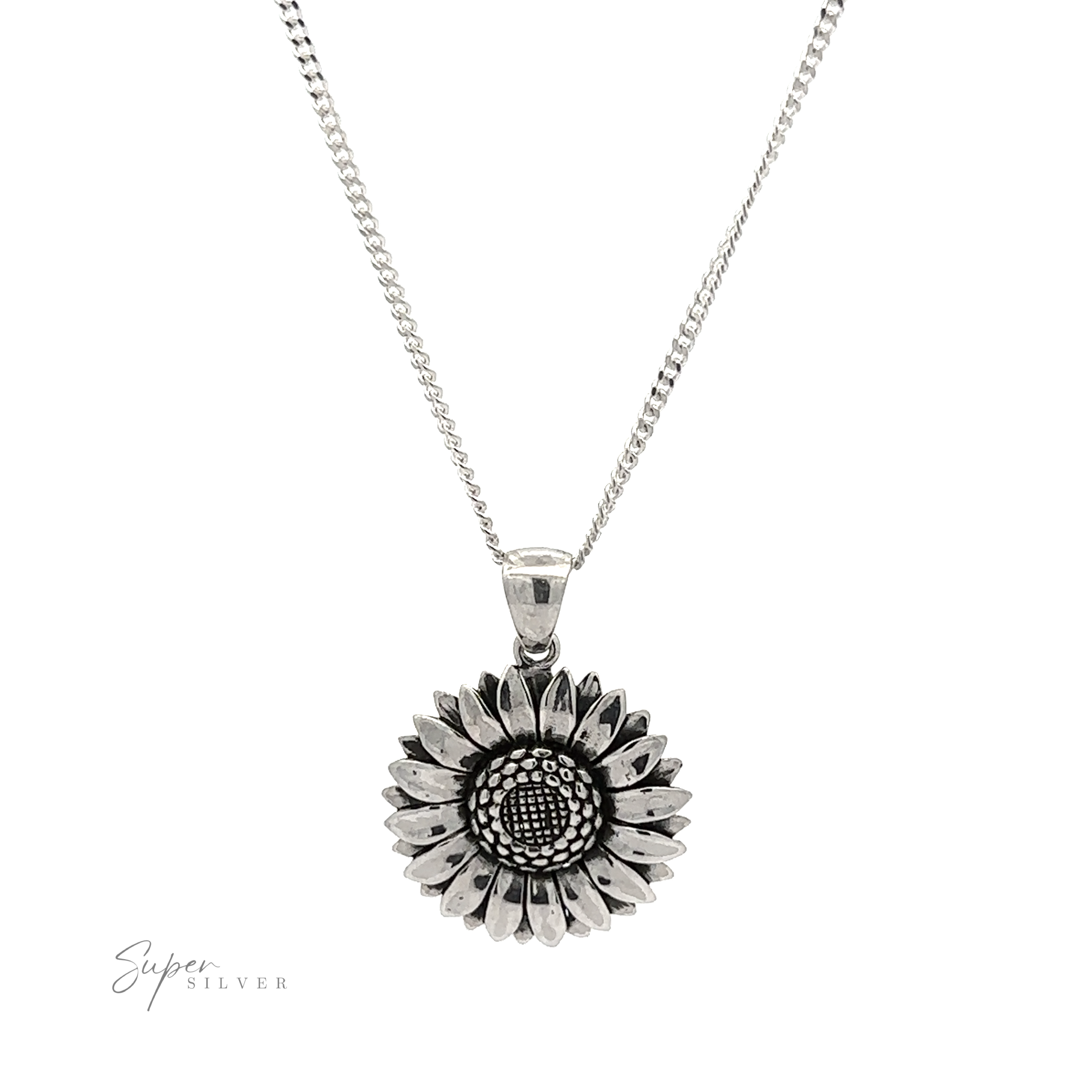 Silver Sunflower Pendants on a chain necklace, displayed against a white background with "super silver" signature from our artisan collections.