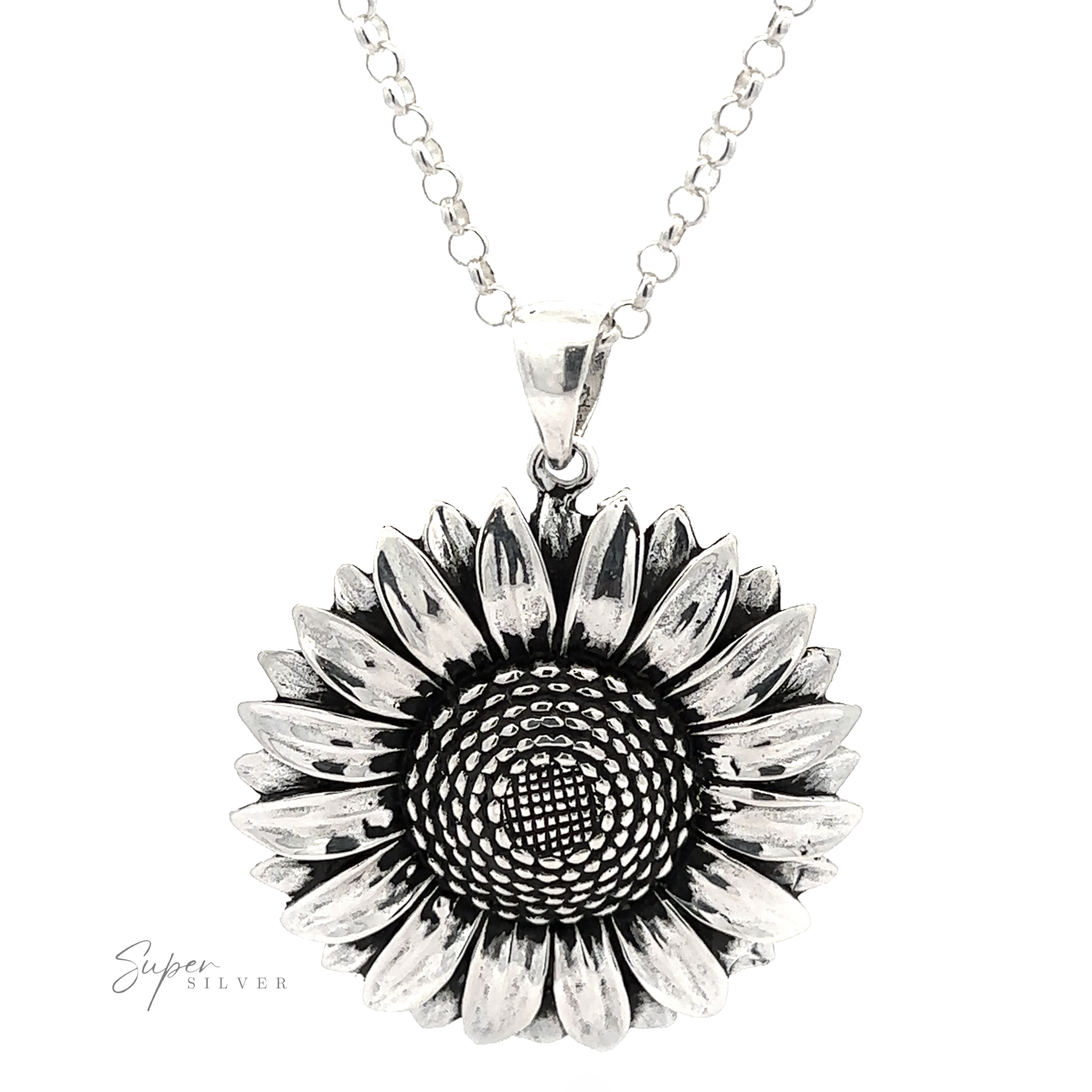Silver Sunflower Pendants on a chain, featuring detailed petal and center textures with an oxidized finish, and a signature at the bottom right corner.