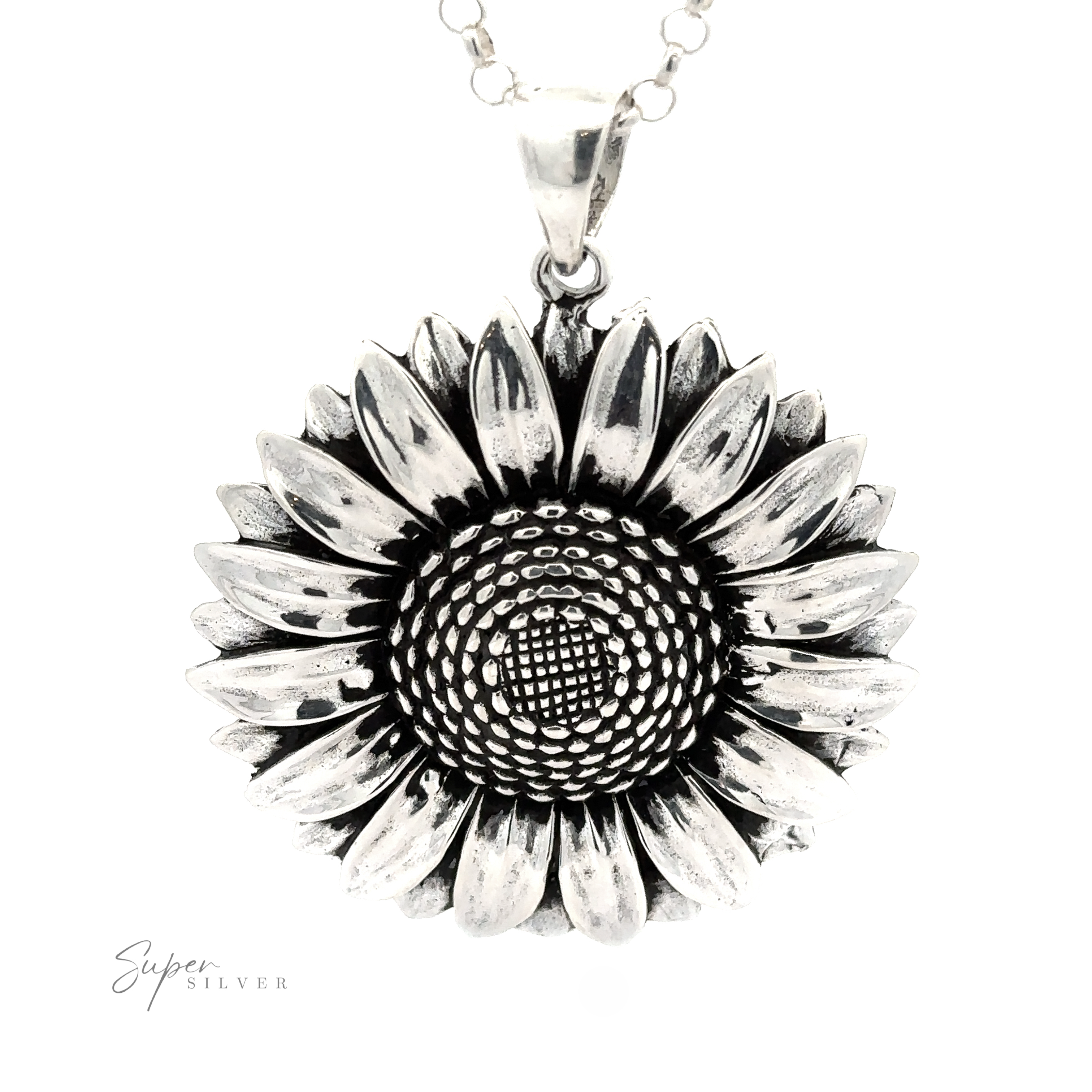 Silver Sunflower Pendant Necklace featuring a detailed sunflower design with an oxidized finish, displayed against a white background.