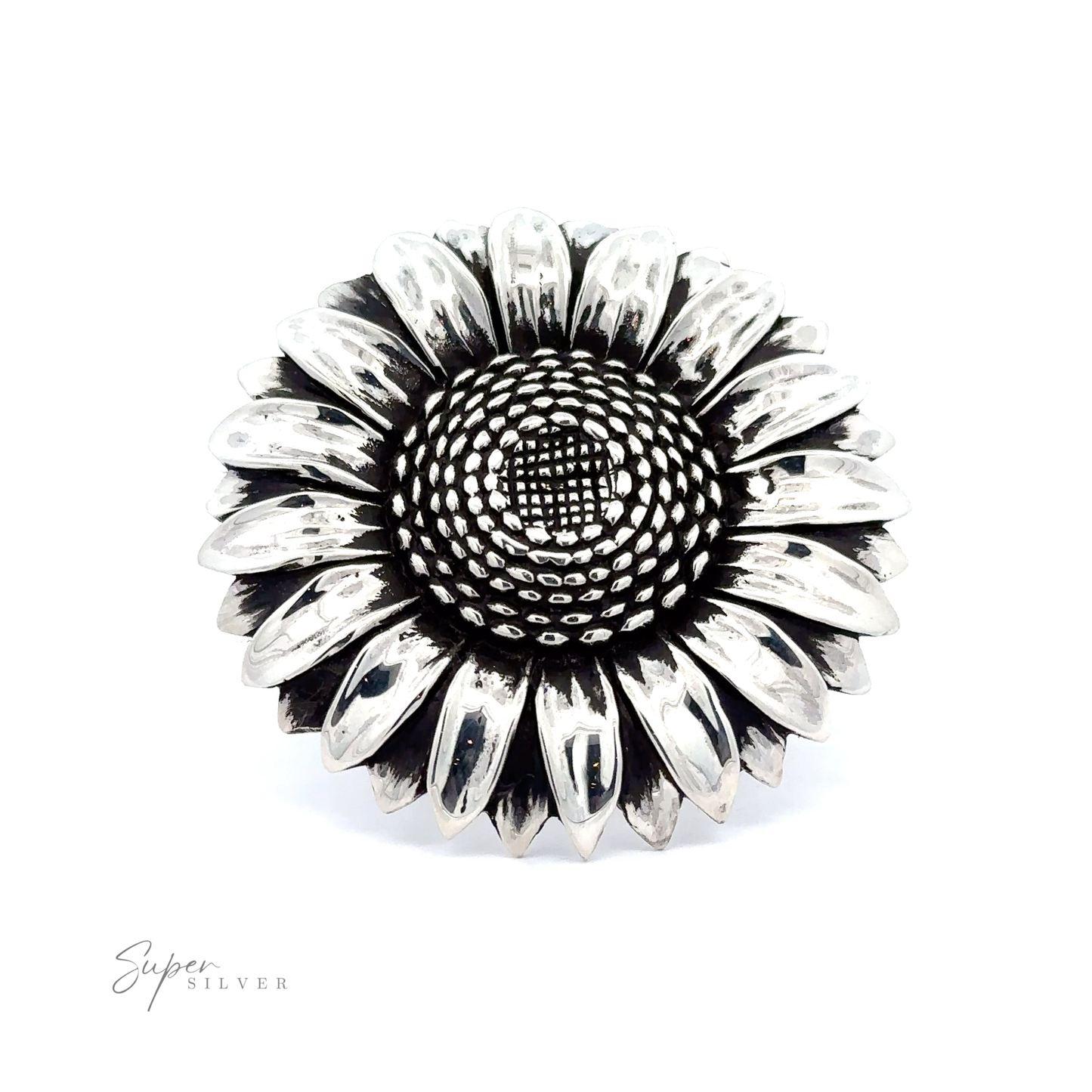 
                  
                    A highly detailed silver Adjustable Sunflower Statement Ring with a textured center and petals, displayed against a white background with a "super silver" signature.
                  
                