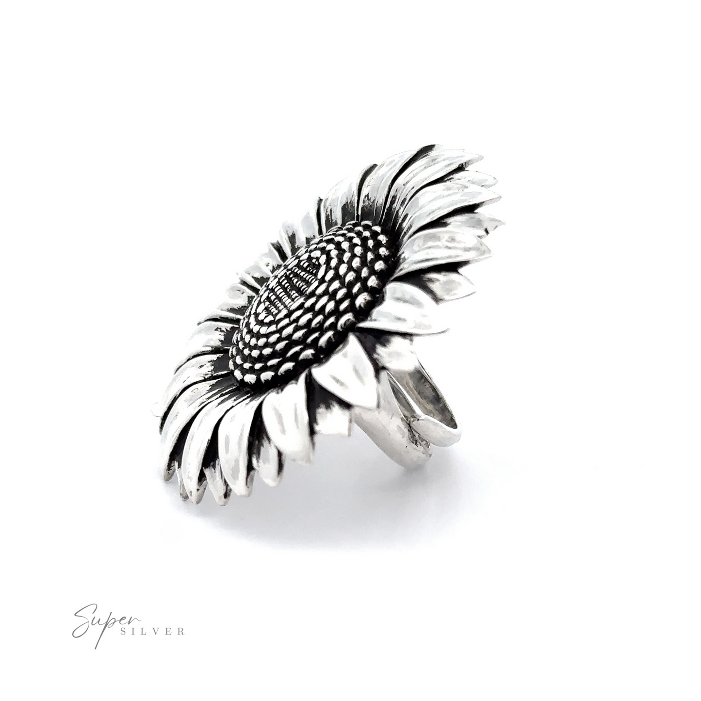
                  
                    Adjustable Sunflower Statement Ring crafted to resemble a sunflower, showcasing detailed petals and a textured center, embodying floral elegance on a white background.
                  
                