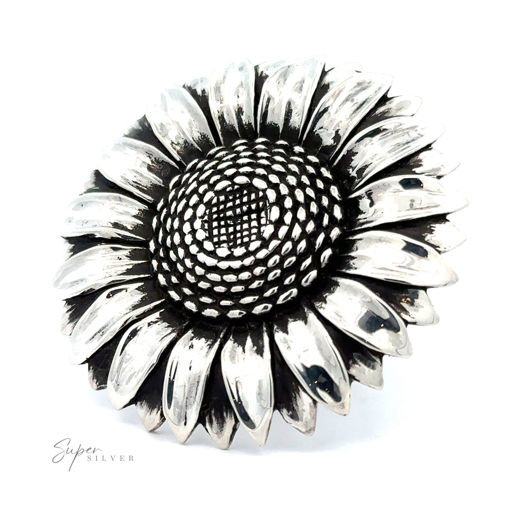 A detailed Adjustable Sunflower Statement Ring designed to resemble a sunflower, with intricate petal detailing and a textured center, on a white background.