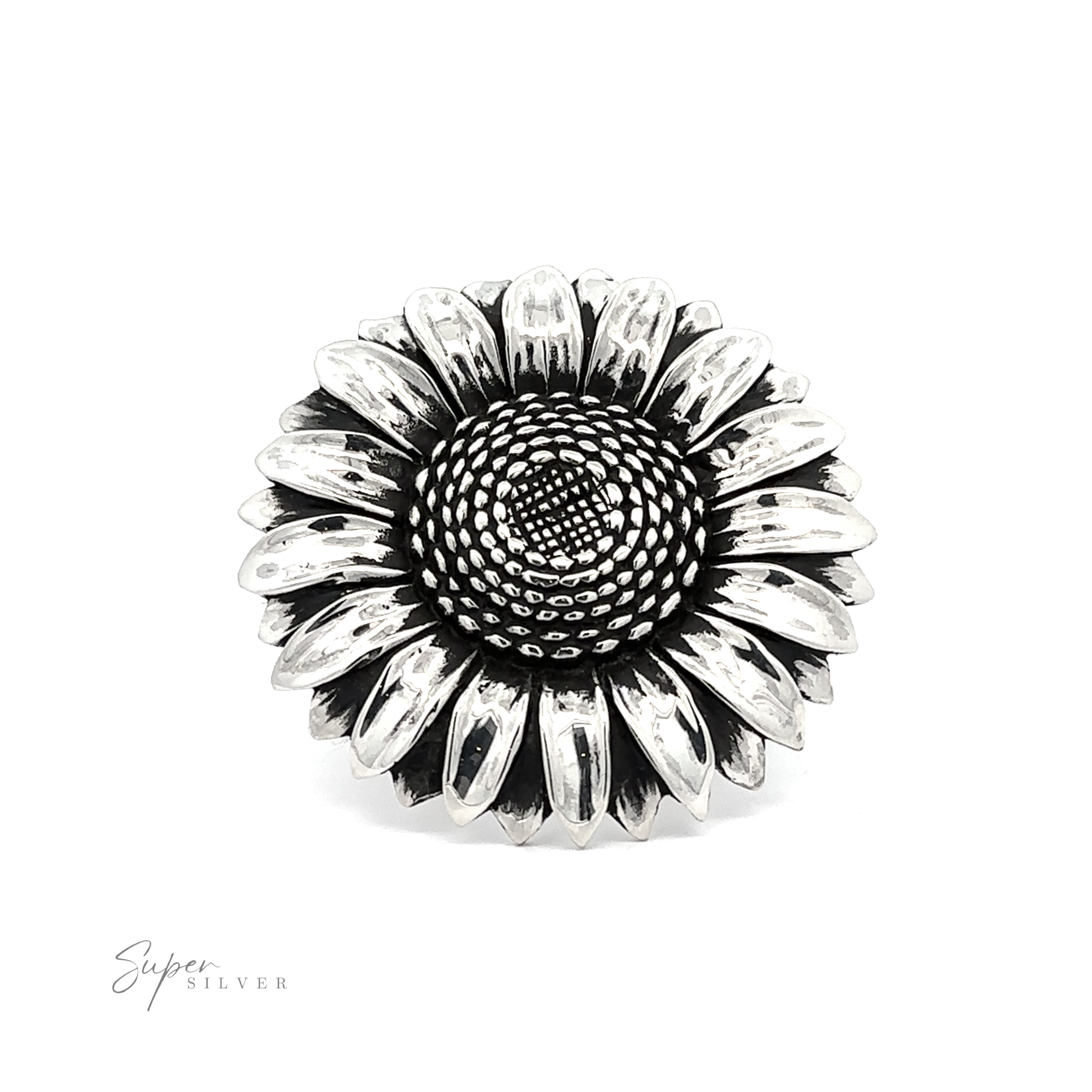 Adjustable Sunflower Statement Ring with detailed petal and seed textures, displayed on a white background, embodying floral elegance.