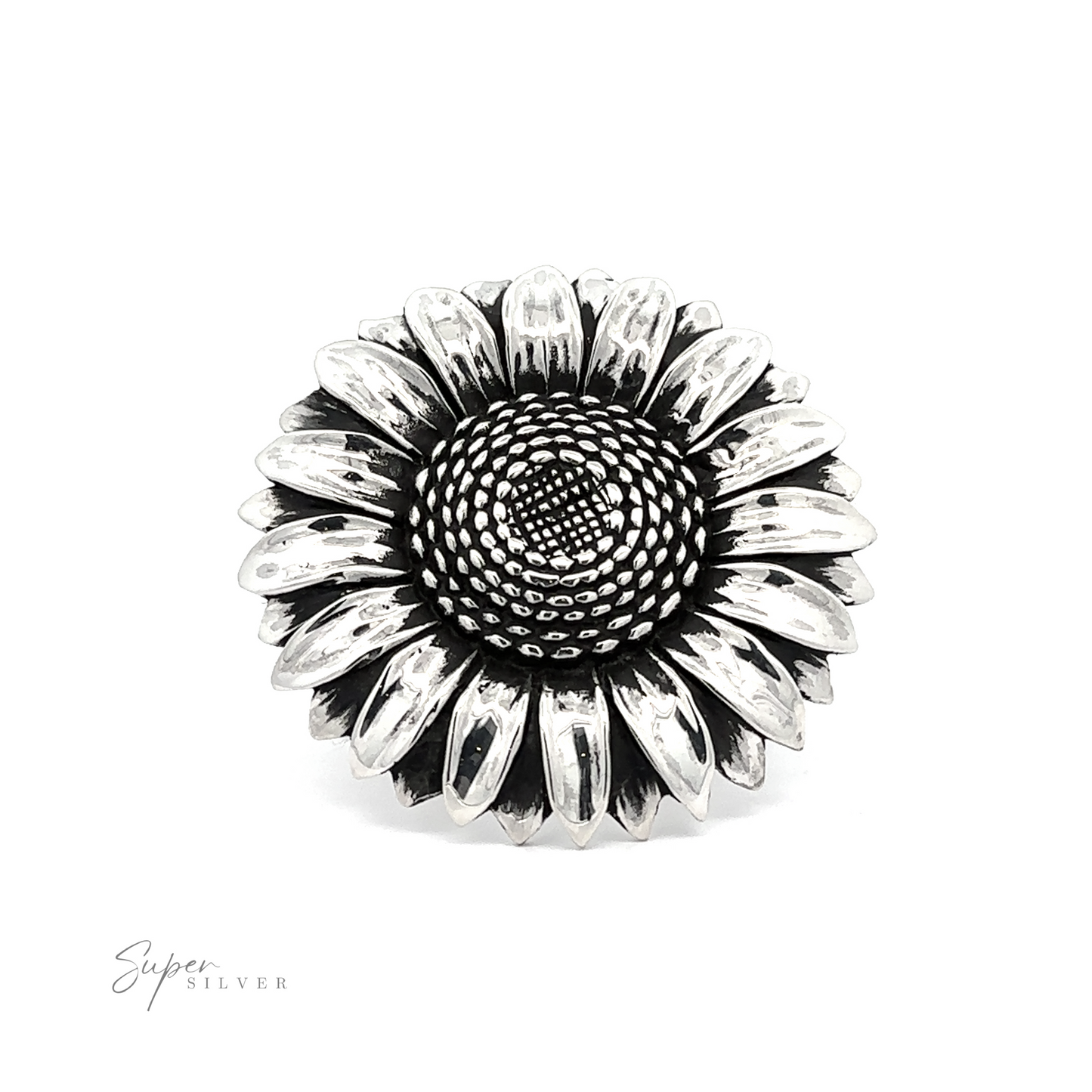 
                  
                    Adjustable Sunflower Statement Ring with detailed petal and seed textures, displayed on a white background, embodying floral elegance.
                  
                