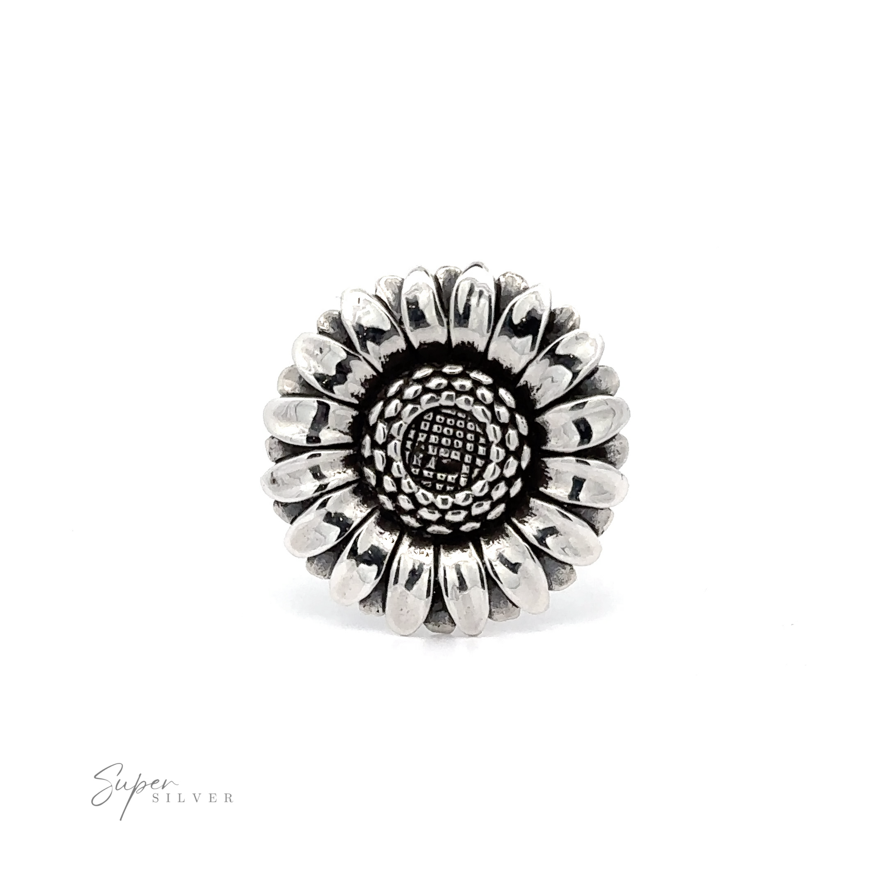 Adjustable Sunflower Statement Ring with detailed petals and textured center, displayed against a white background with a "super silver" watermark.