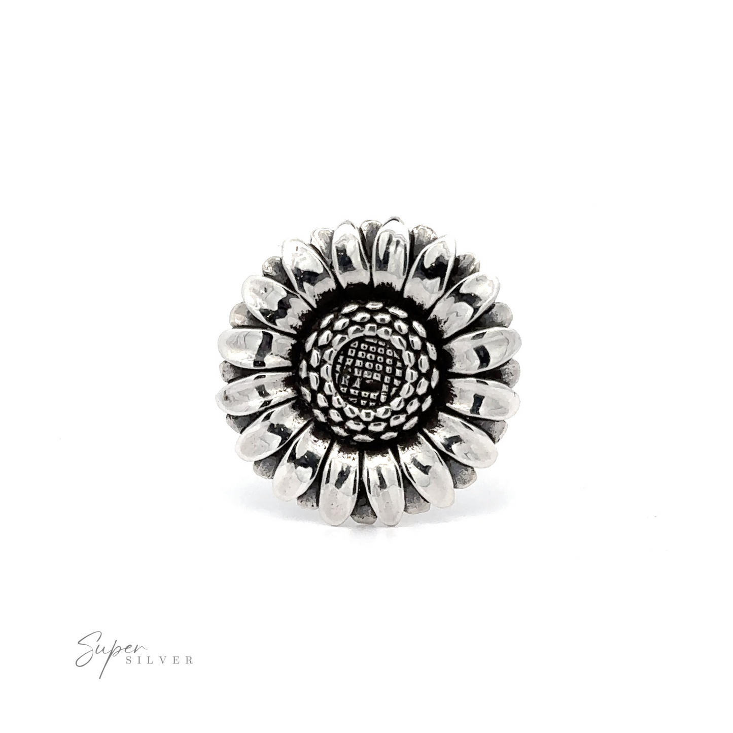 
                  
                    Adjustable Sunflower Statement Ring with detailed petals and textured center, displayed against a white background with a "super silver" watermark.
                  
                