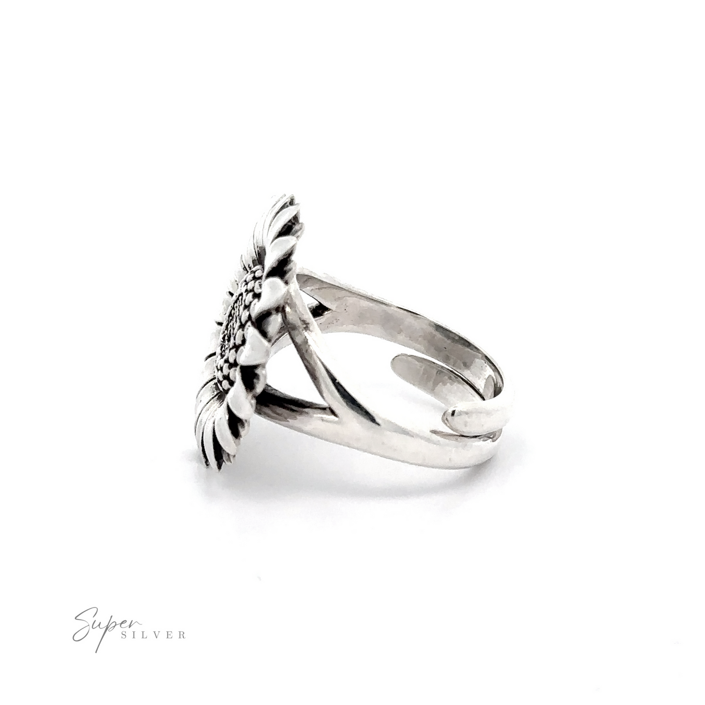 
                  
                    Adjustable Sunflower Statement Ring designed as a detailed sunflower on a plain band, embodying floral elegance, showcased on a white background.
                  
                