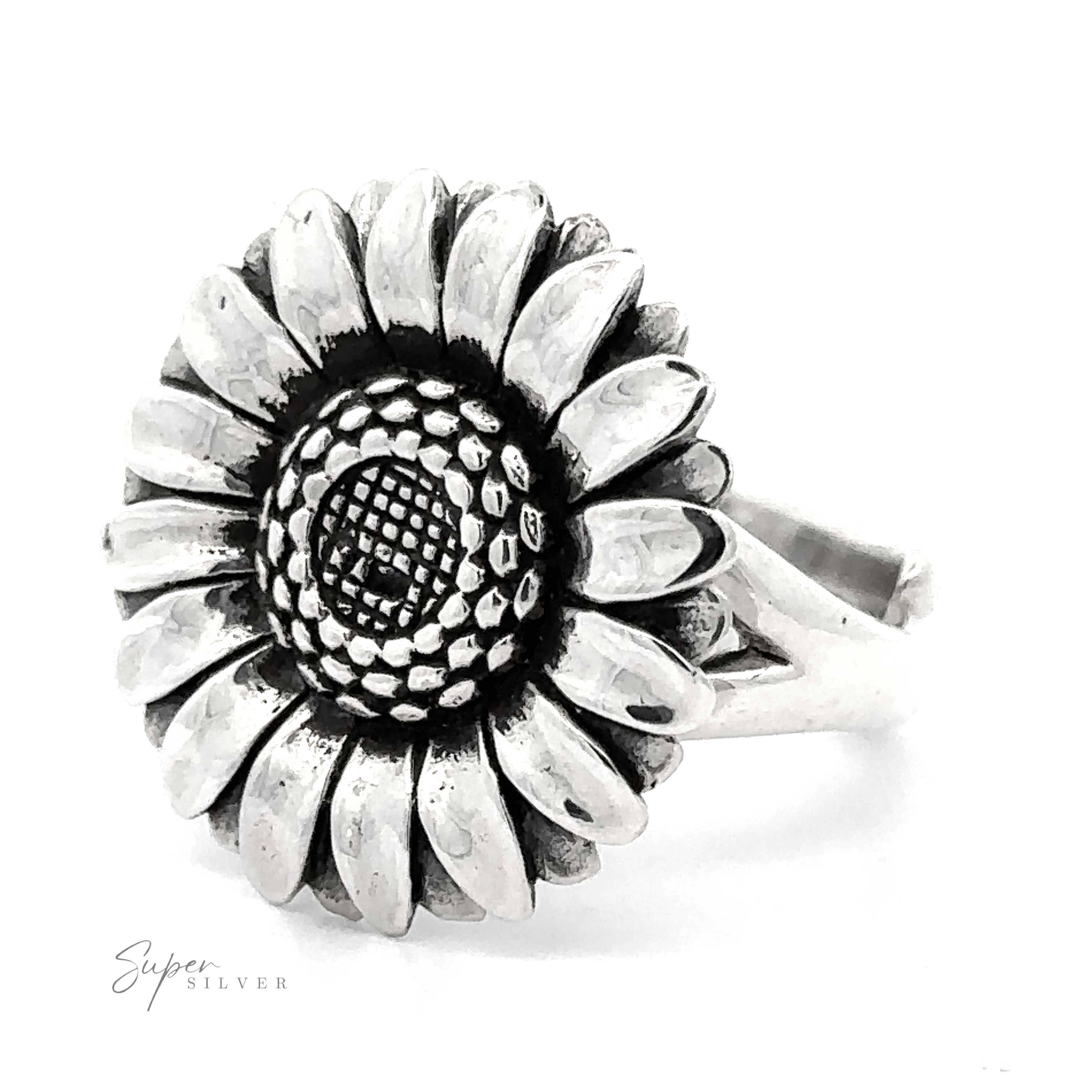 Adjustable Sunflower Statement Ring designed to resemble a detailed sunflower, displayed on a white background with the brand name "super silver" inscribed.