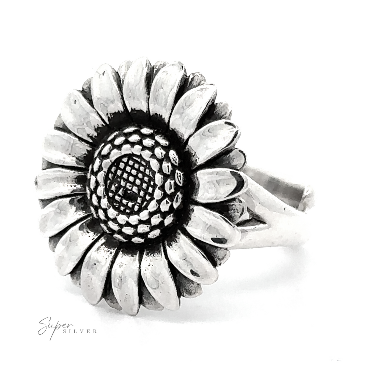 
                  
                    Adjustable Sunflower Statement Ring designed to resemble a detailed sunflower, displayed on a white background with the brand name "super silver" inscribed.
                  
                