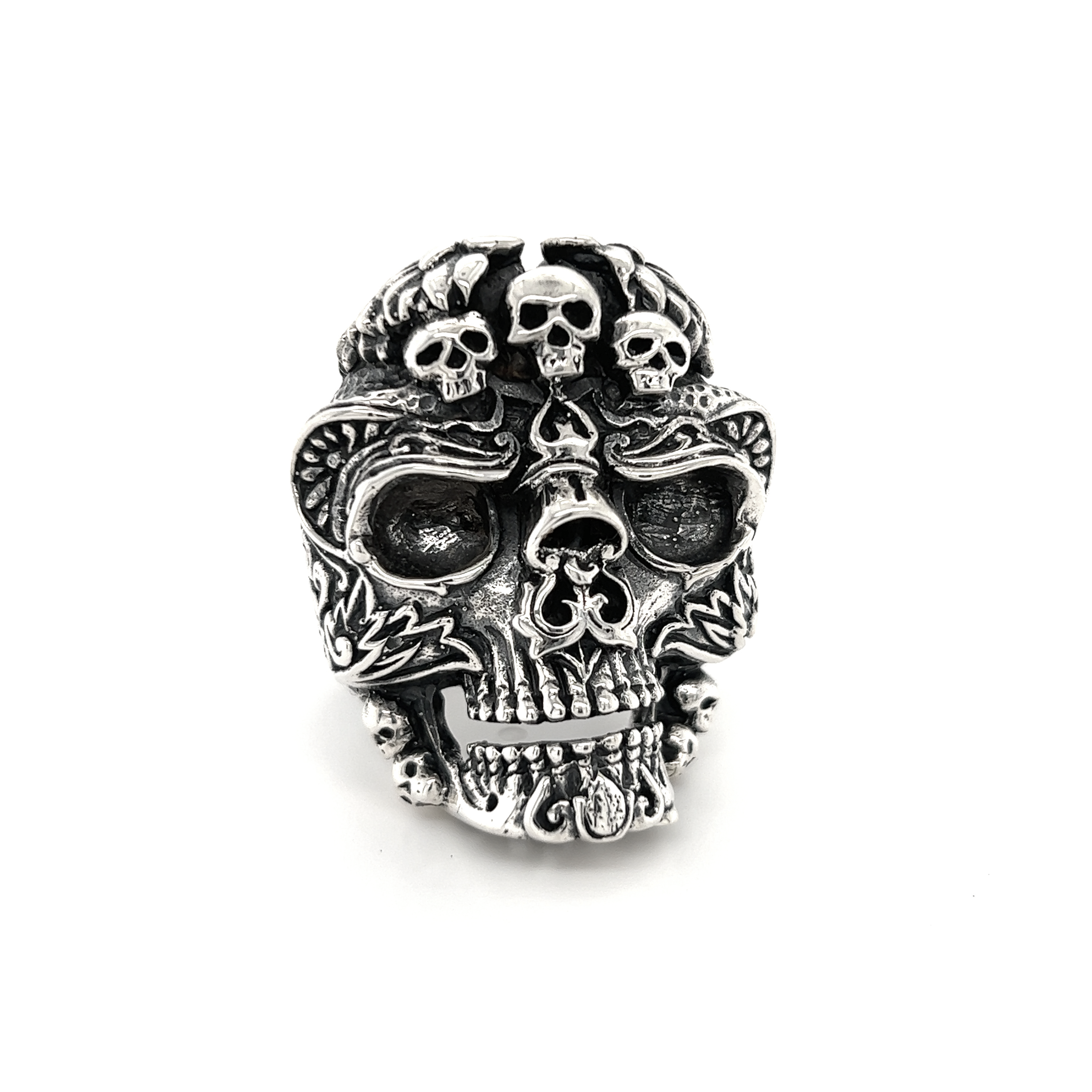 An Exquisite Skull Ring, a part of an exclusive jewelry line featuring intricately designed skulls.