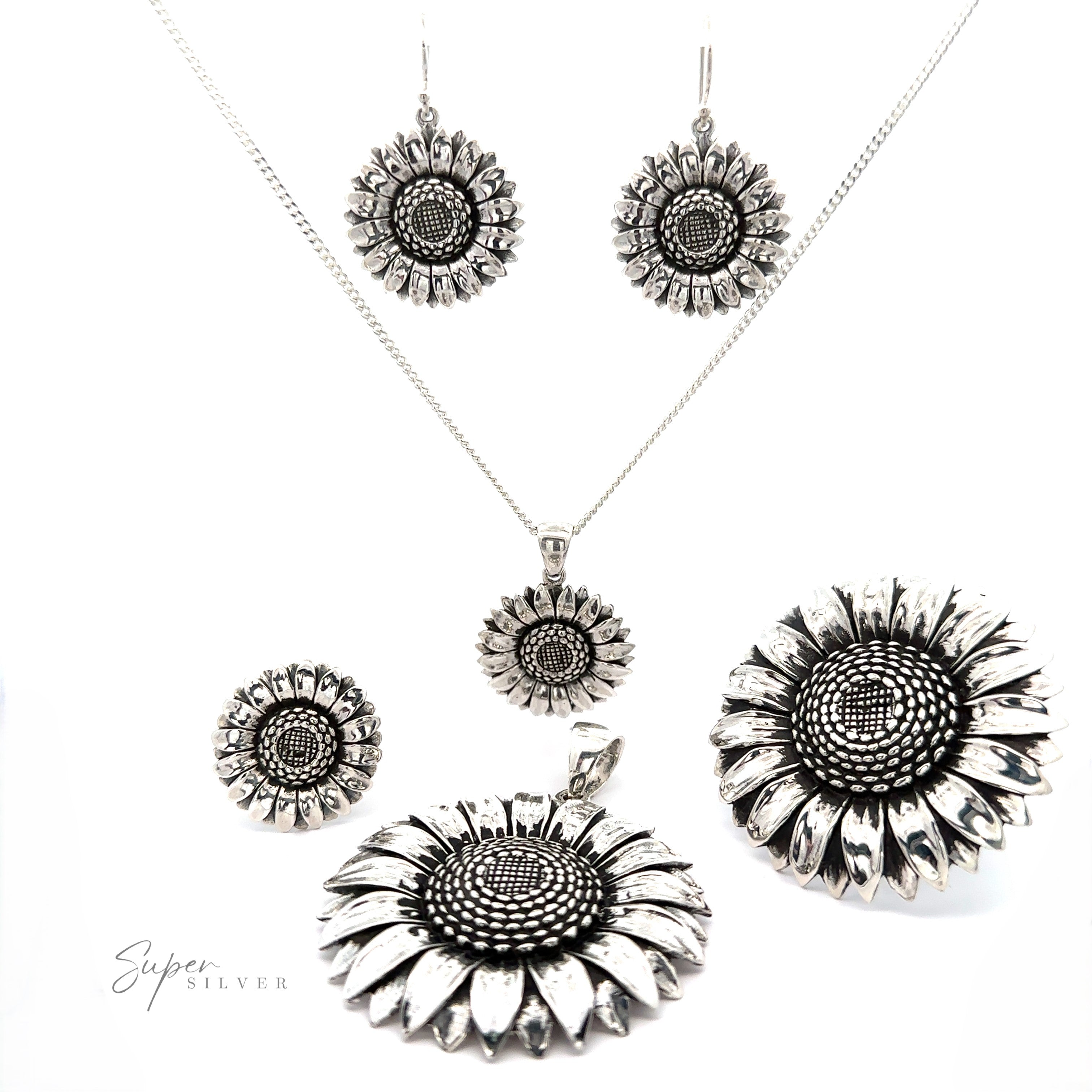 A collection of Silver Sunflower Pendants displayed on a white background.