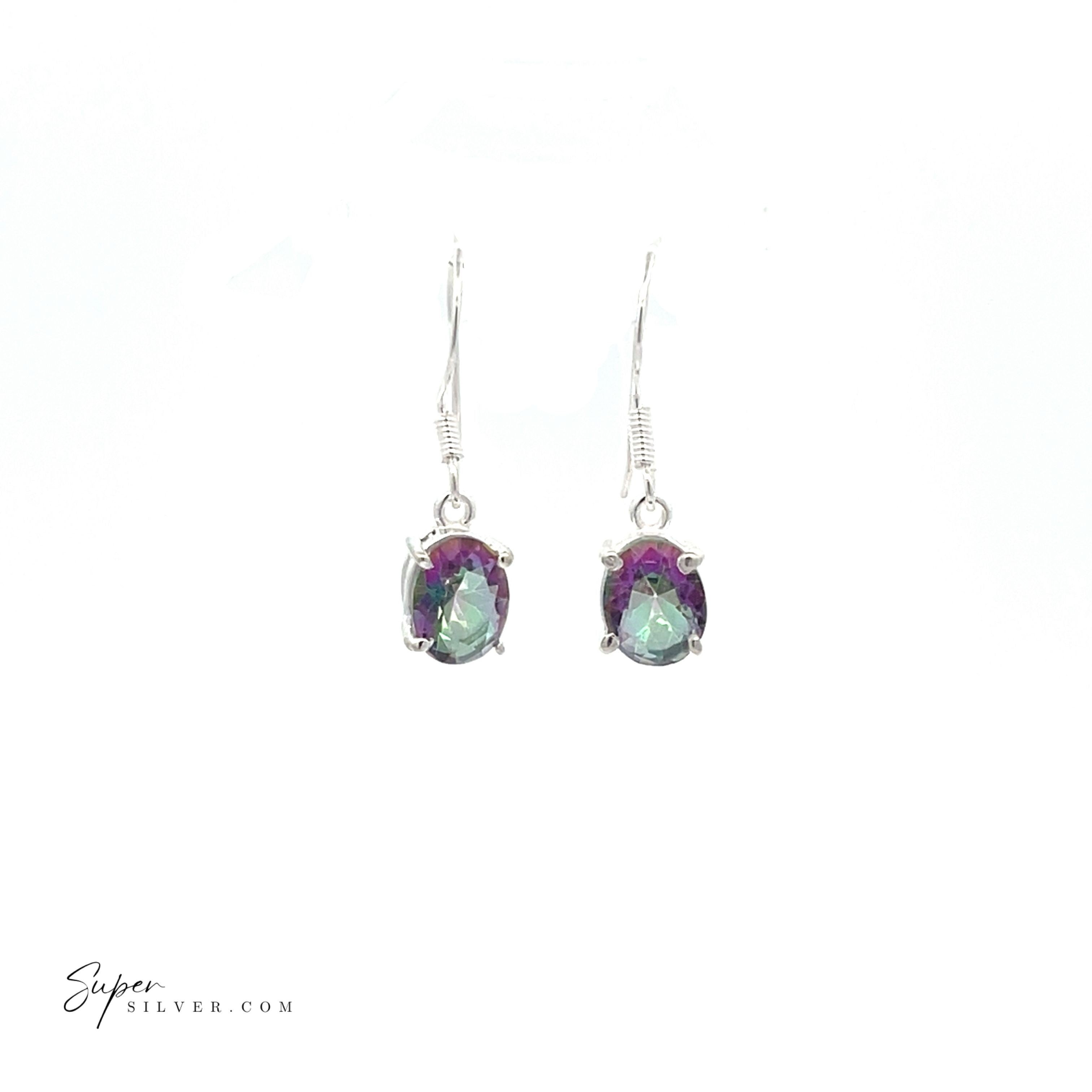 Brilliant Oval Gemstone Earrings in sterling silver, featuring multicolored oval gemstones, displayed on a white background.