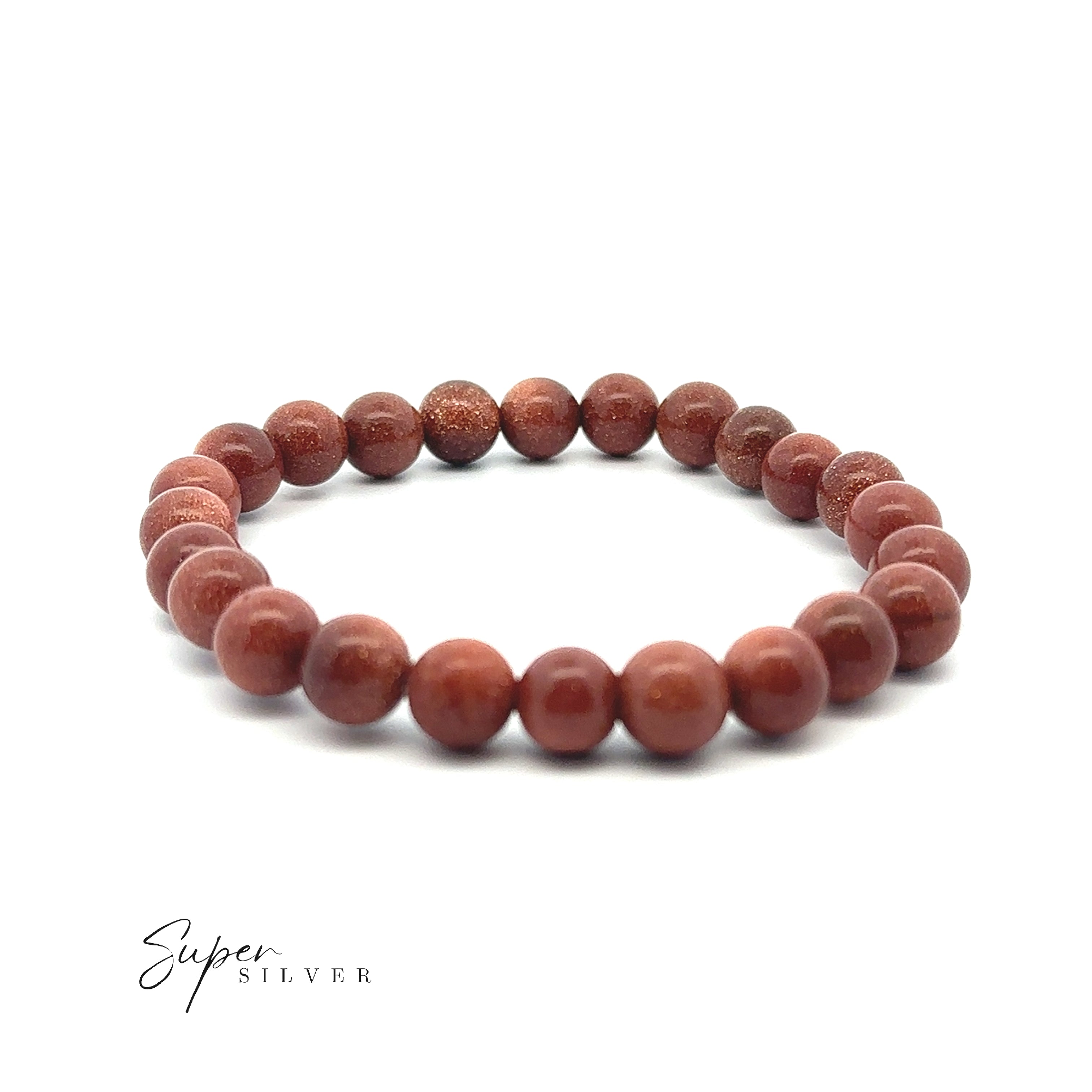 The Beaded Stone Bracelets, featuring round reddish-brown stones, are shown on a white background with the “Super Silver” logo, ideal for stacking with other gemstone stretch bracelets.