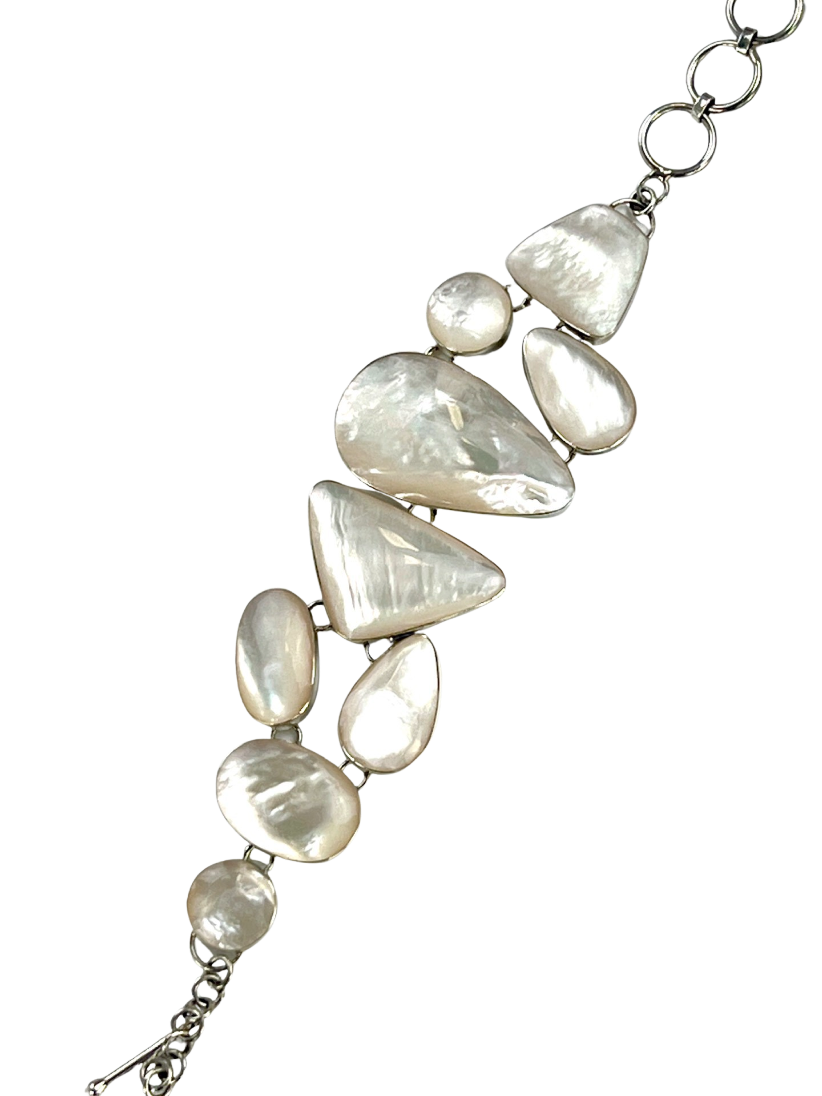 A luminous white Statement Mother of Pearl Bracelet on a Super Silver chain.