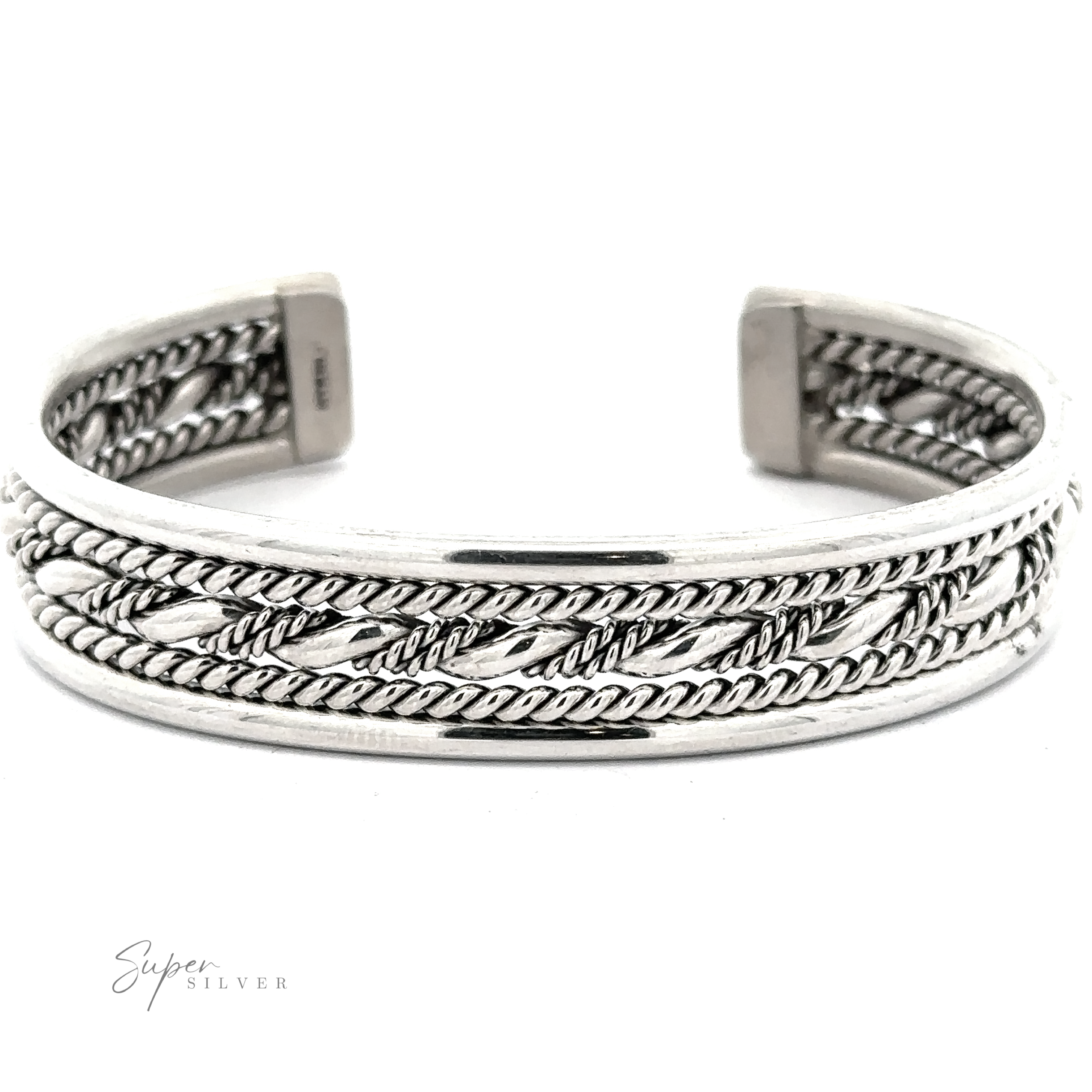 Native American Handmade Intricate Silver Cuff featuring intricate twisted rope designs and an open back, with the brand 'Super Silver' signature visible.