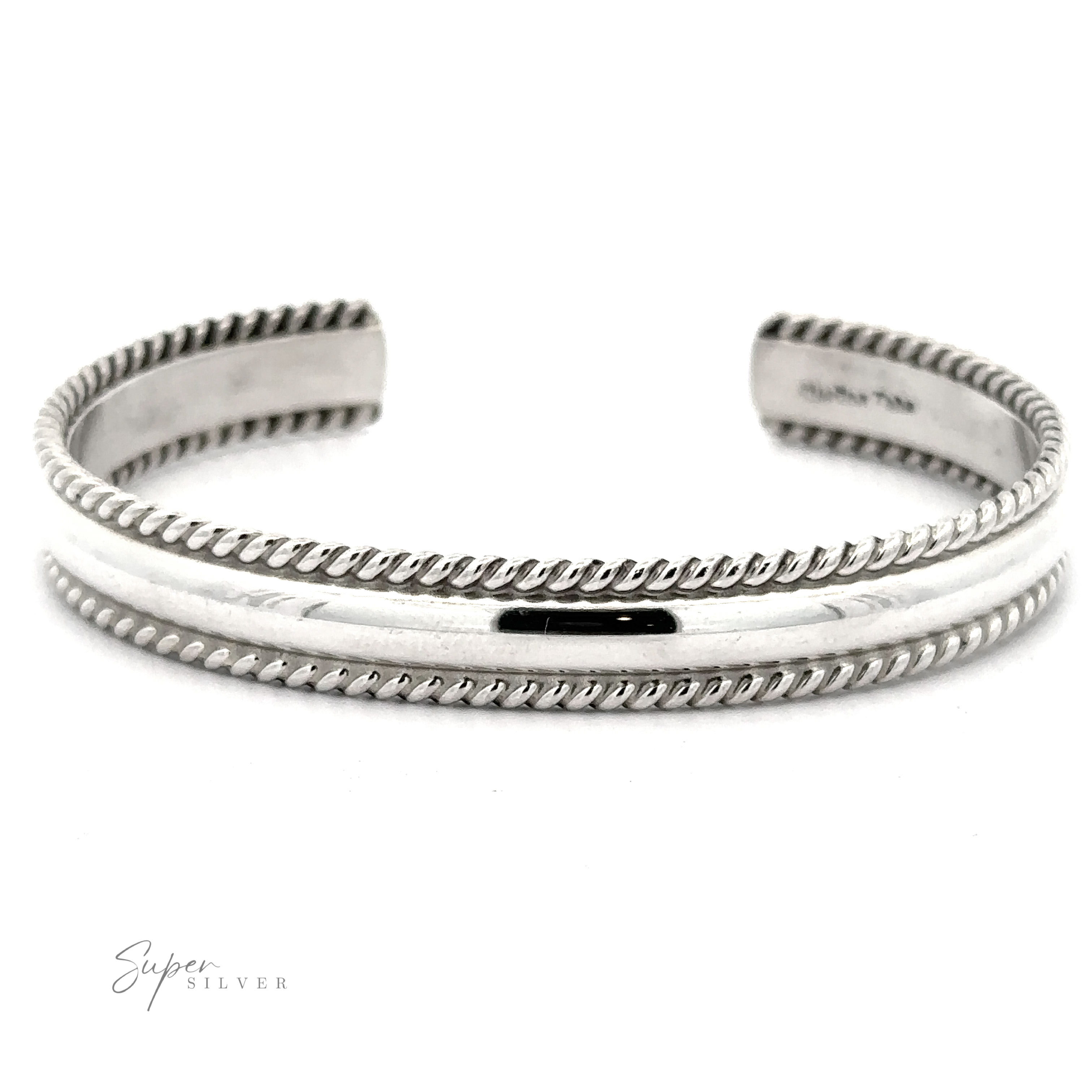 A Native American Handmade Silver Rope Cuff featuring a smooth central band flanked by rope-like detailing, perfect as a statement piece. The "Super Silver" logo is in the bottom-left corner.