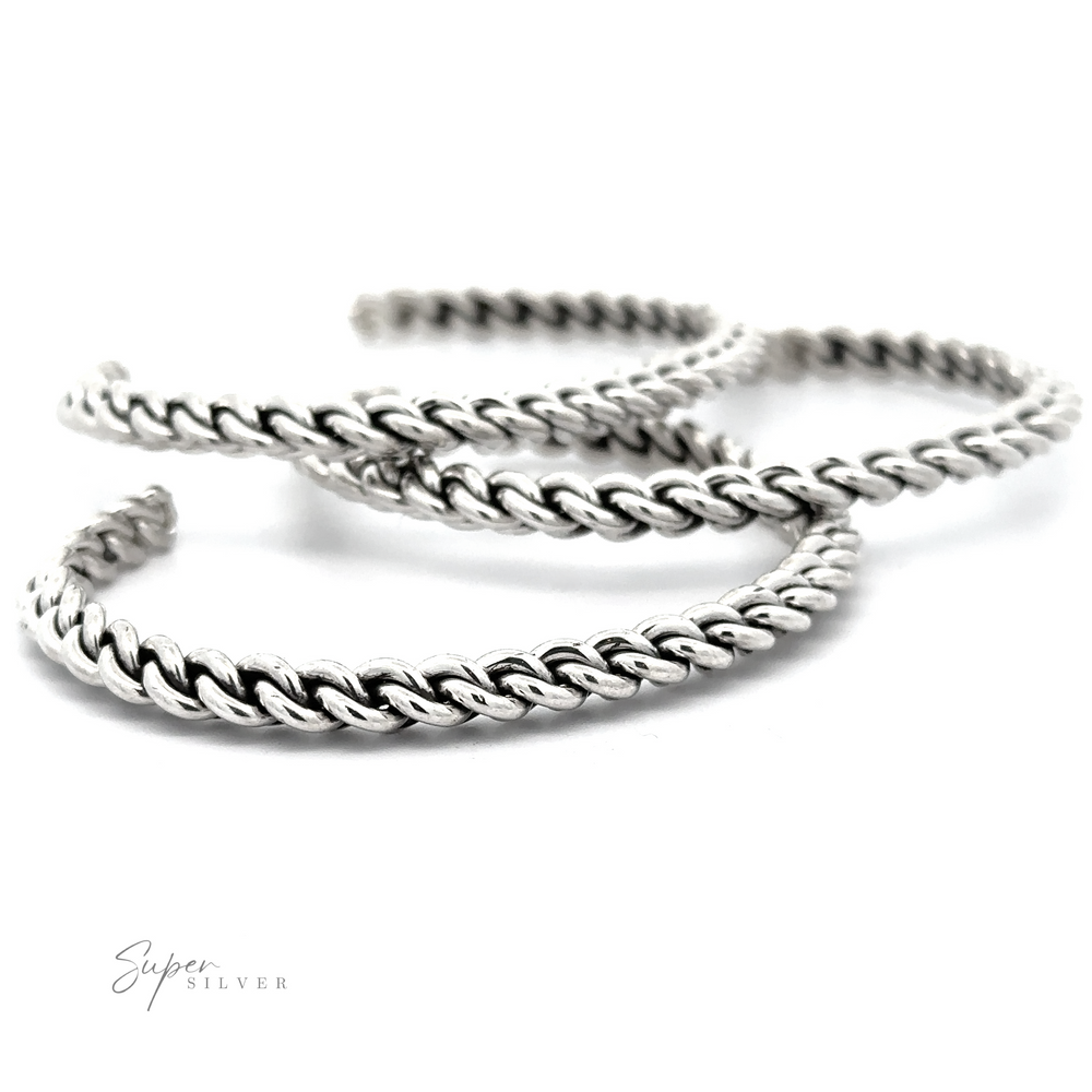 Three Native American Handmade Silver Woven Link Bracelets, each with a 5mm width, are arranged on a white surface. The image features the logo "Super Silver" in the bottom left corner, showcasing these exquisite pieces of Native American Jewelry.