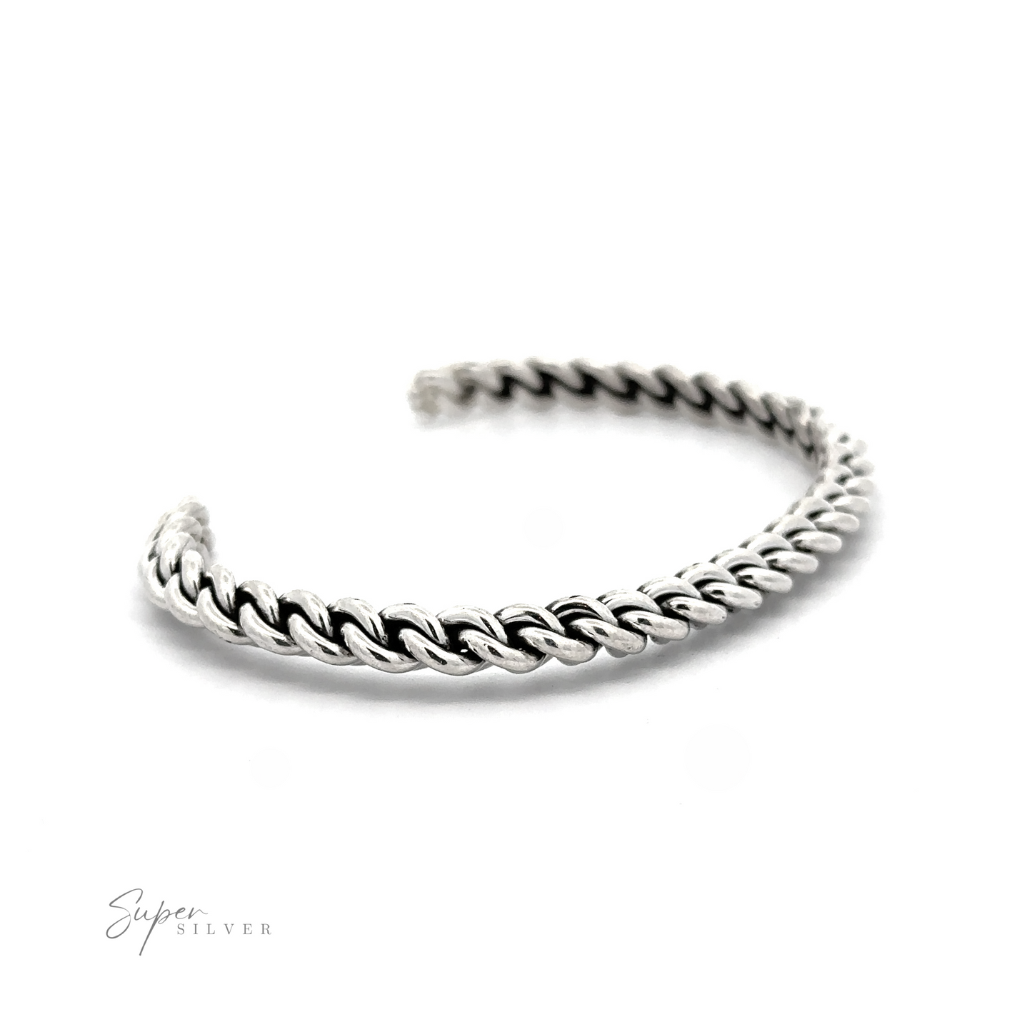 A Native American Handmade Silver Woven Link Bracelet in Sterling Silver with an open end, marked "Super Silver" at the bottom left corner. Perfect for wearing as a stacking bracelet.