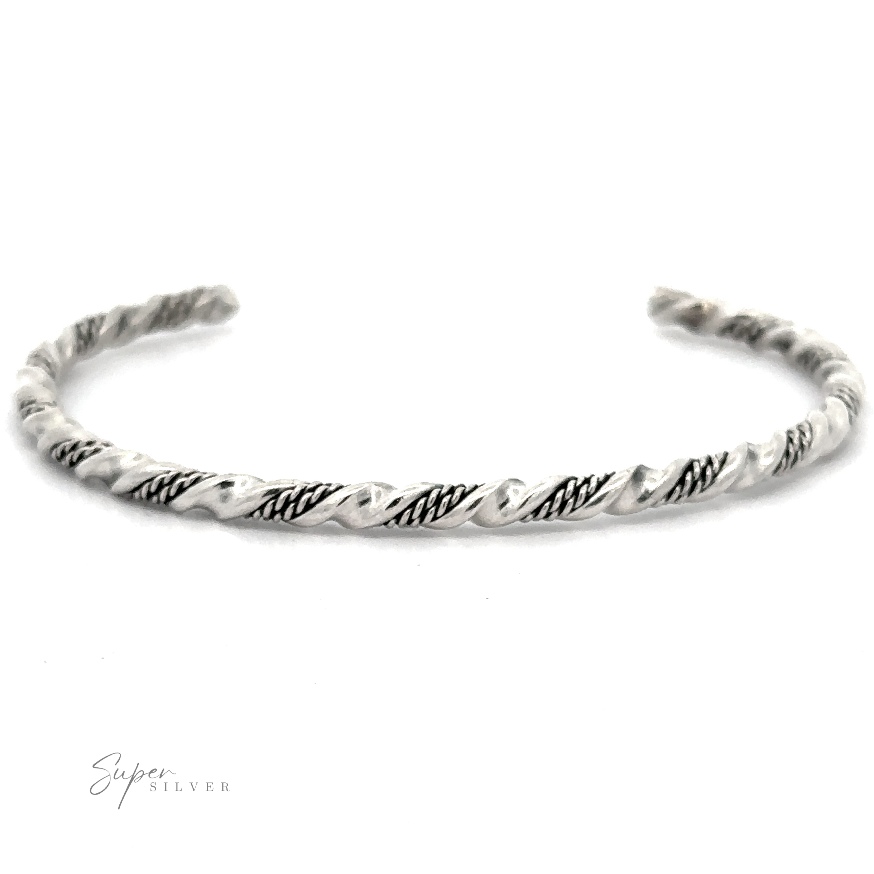 A Native American Handmade Silver Rope Twist Cuff with a decorative design. The words "Super Silver" are written in the corner.