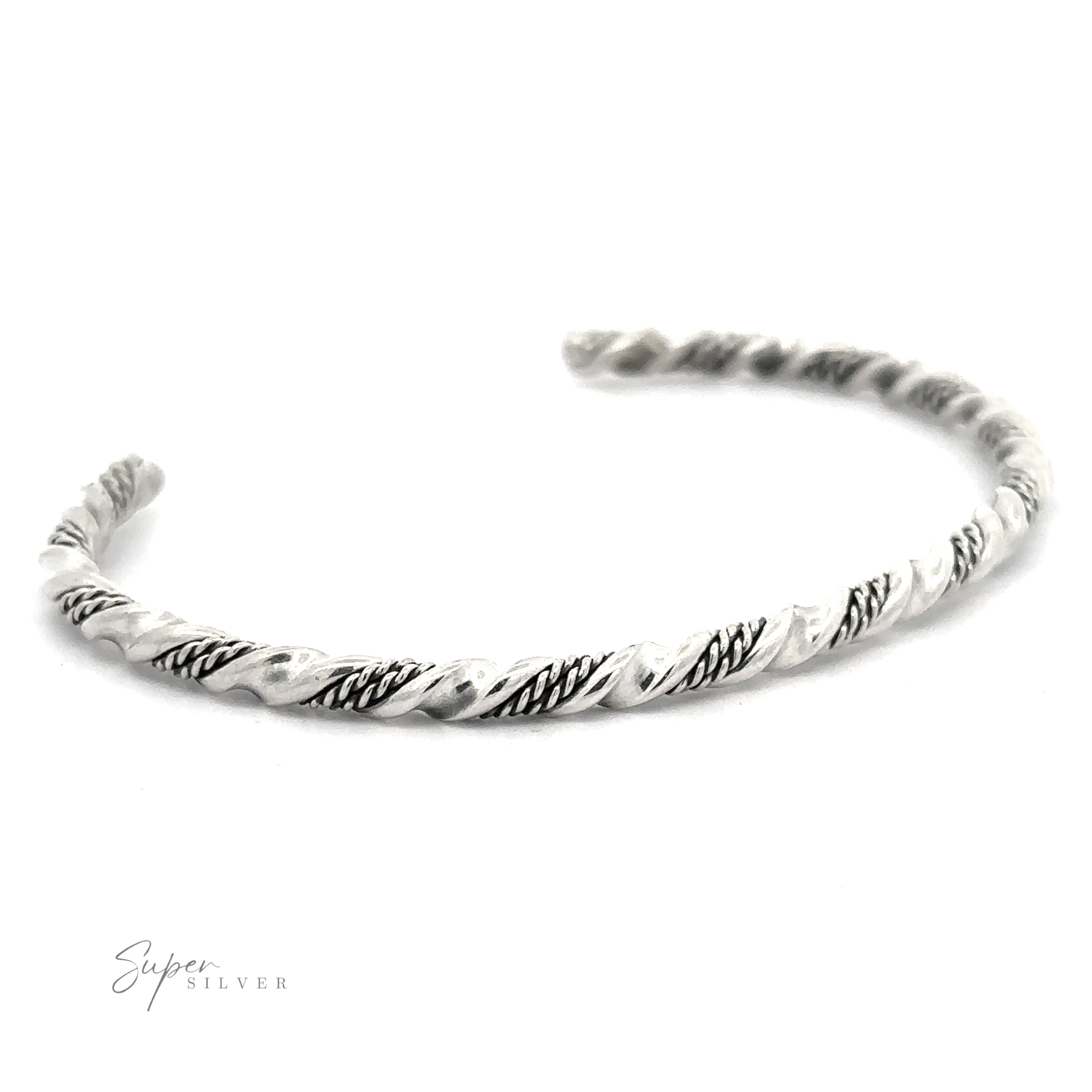 A Native American Handmade Silver Rope Twist Cuff, handmade with a mix of polished and textured surfaces, is displayed against a white background. The .925 Sterling Silver logo "Super Silver" is visible in the bottom left corner.