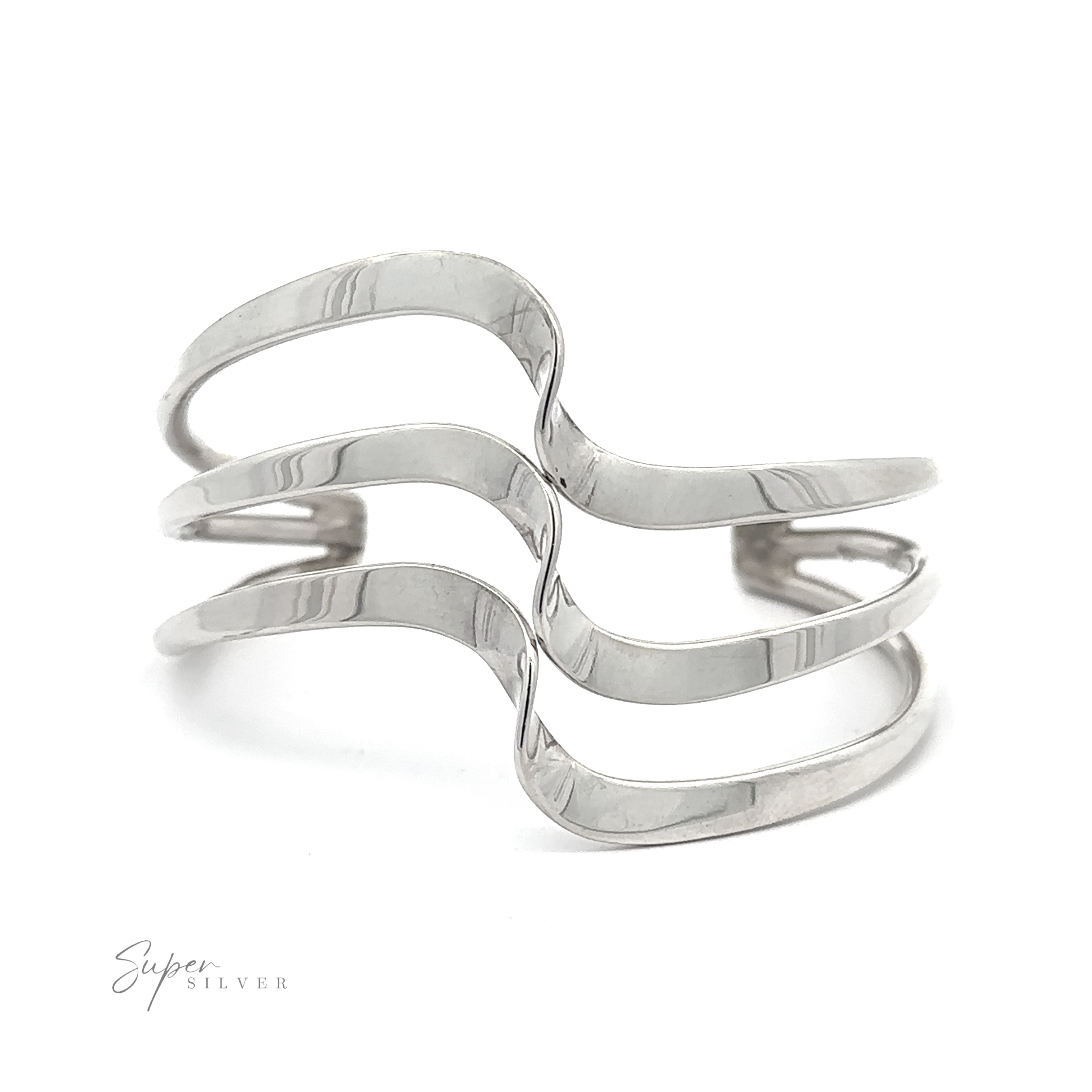 A Native American Handmade Silver Triple Wave Cuff featuring a wavy, open design with multiple parallel bands. The name "Super Silver" is printed in small text near the bottom left corner, perfect for a 6-7 inch wrist.