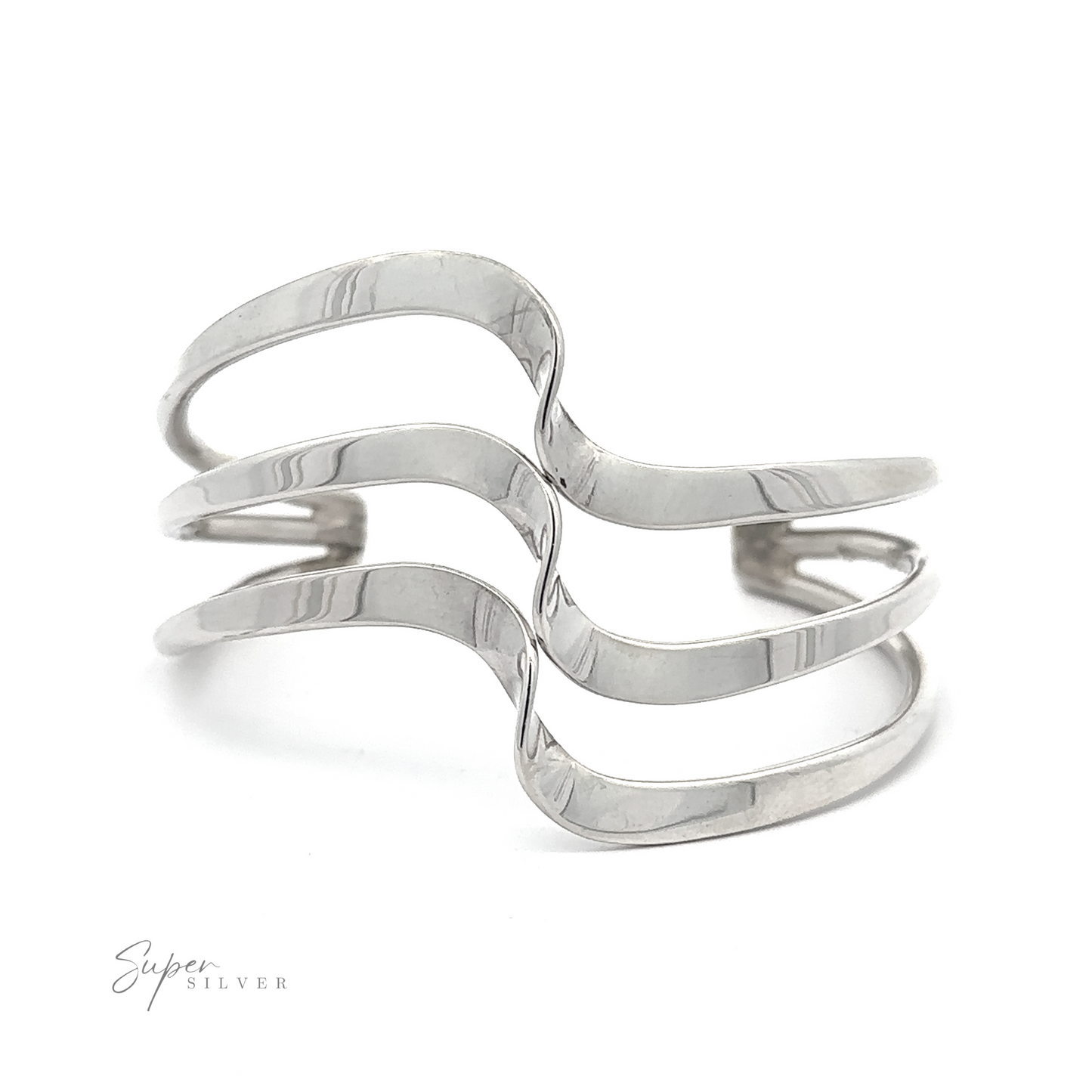 
                  
                    A Native American Handmade Silver Triple Wave Cuff featuring a wavy, open design with multiple parallel bands. The name "Super Silver" is printed in small text near the bottom left corner, perfect for a 6-7 inch wrist.
                  
                