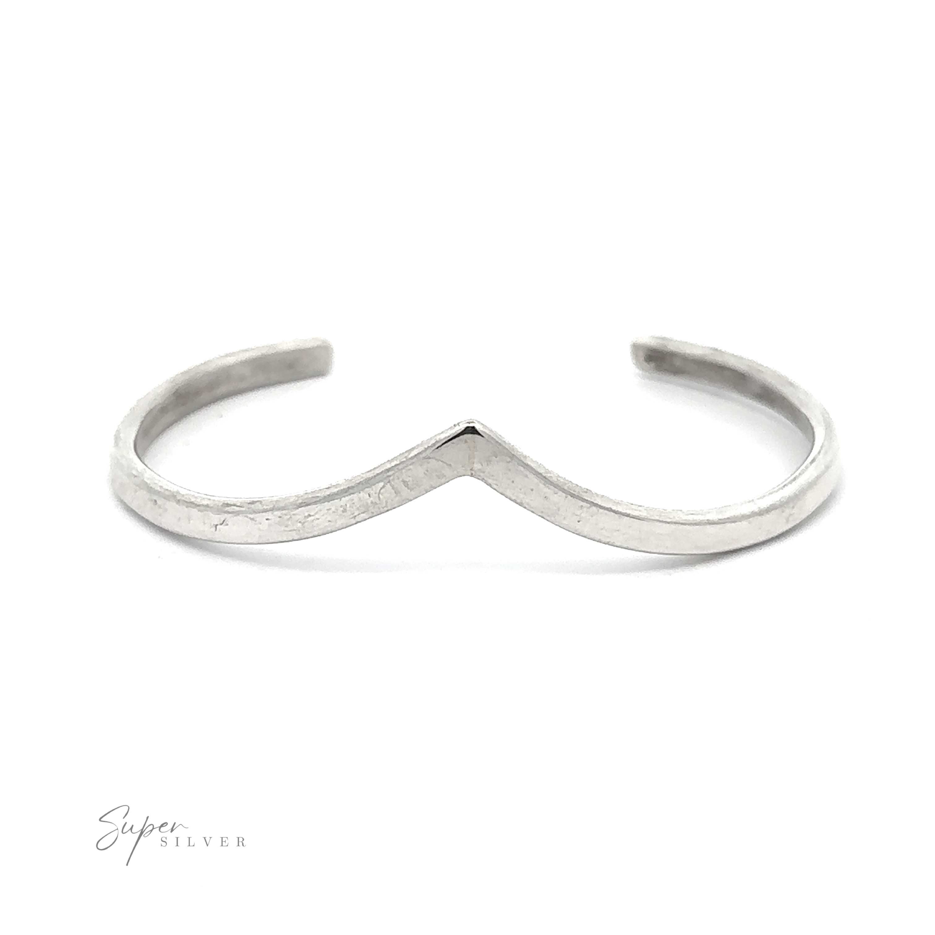 A simple Native American Handmade Silver Chevron Cuff featuring a wave-like design at the top. This handmade piece is open-ended and engraved with "Super Silver" at the bottom left corner, creating an elegant yet personalized touch.