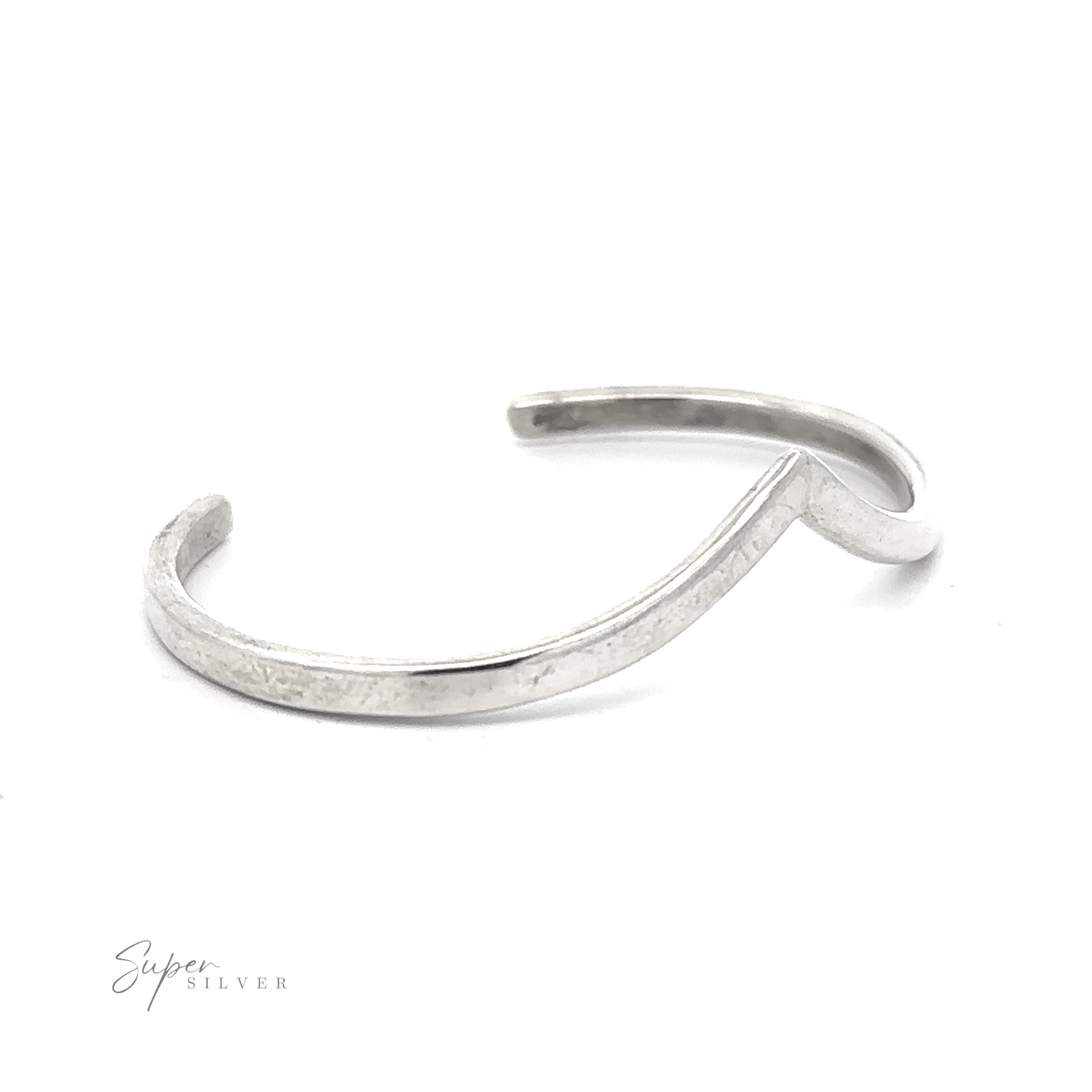 Image of an open Native American Handmade Silver Chevron Cuff on a white background. The handmade bracelet features simple, smooth lines. The "Super Silver" logo is visible in the bottom left corner.
