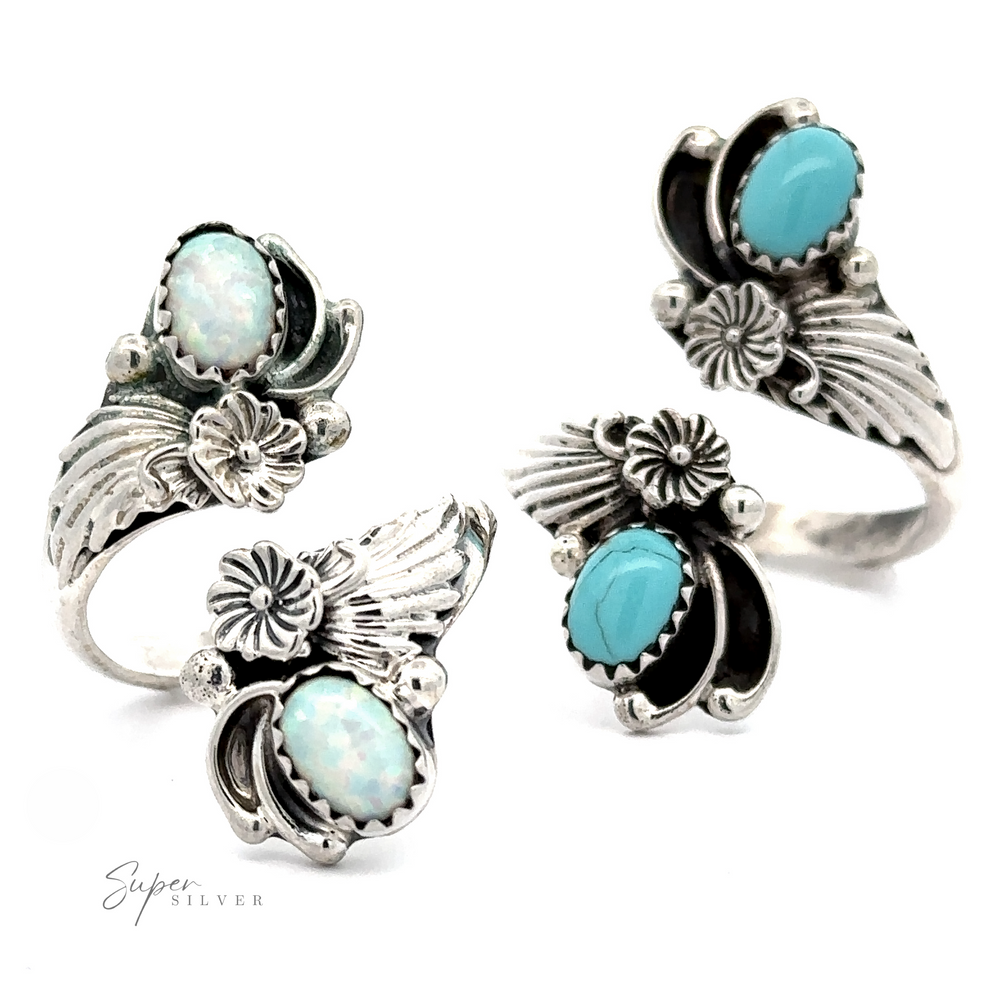 Three Native American adjustable stone floral wrap rings featuring opal and turquoise gemstones, displayed on a white background.